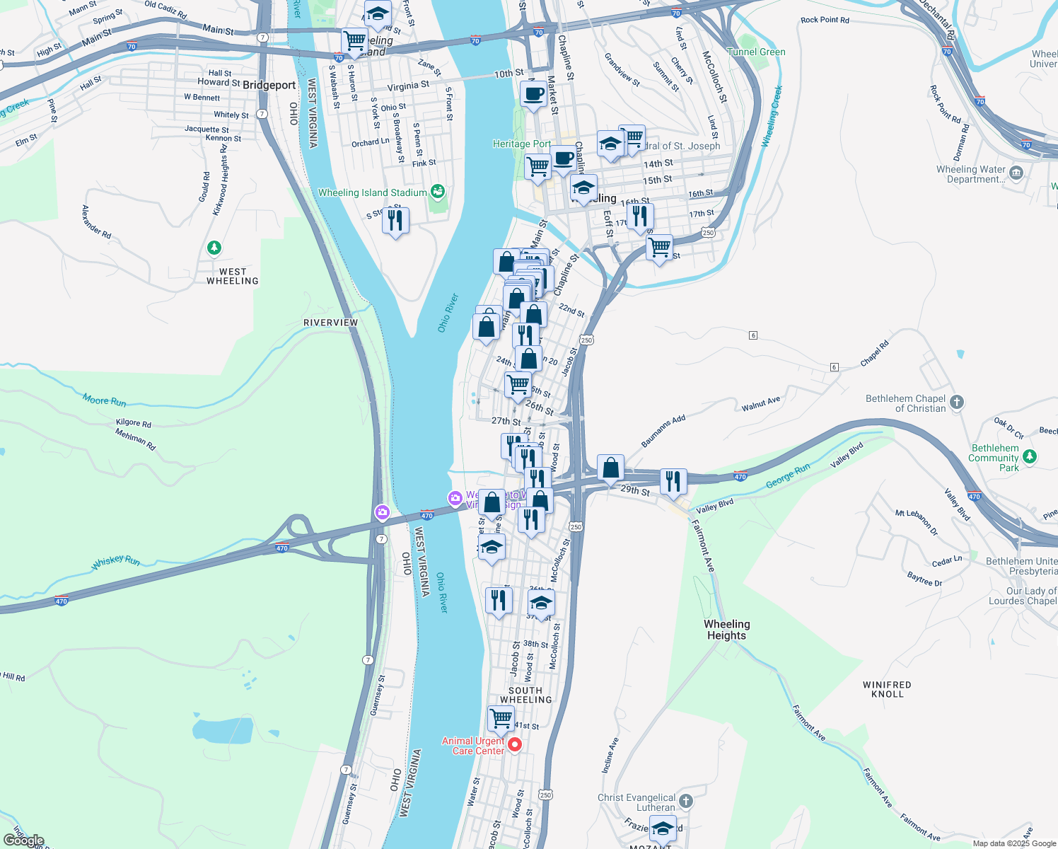 map of restaurants, bars, coffee shops, grocery stores, and more near 2698 Eoff Street in Wheeling