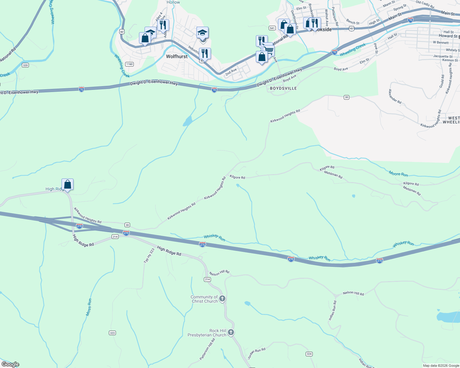 map of restaurants, bars, coffee shops, grocery stores, and more near 56160 Kilgore Rd in Bellaire
