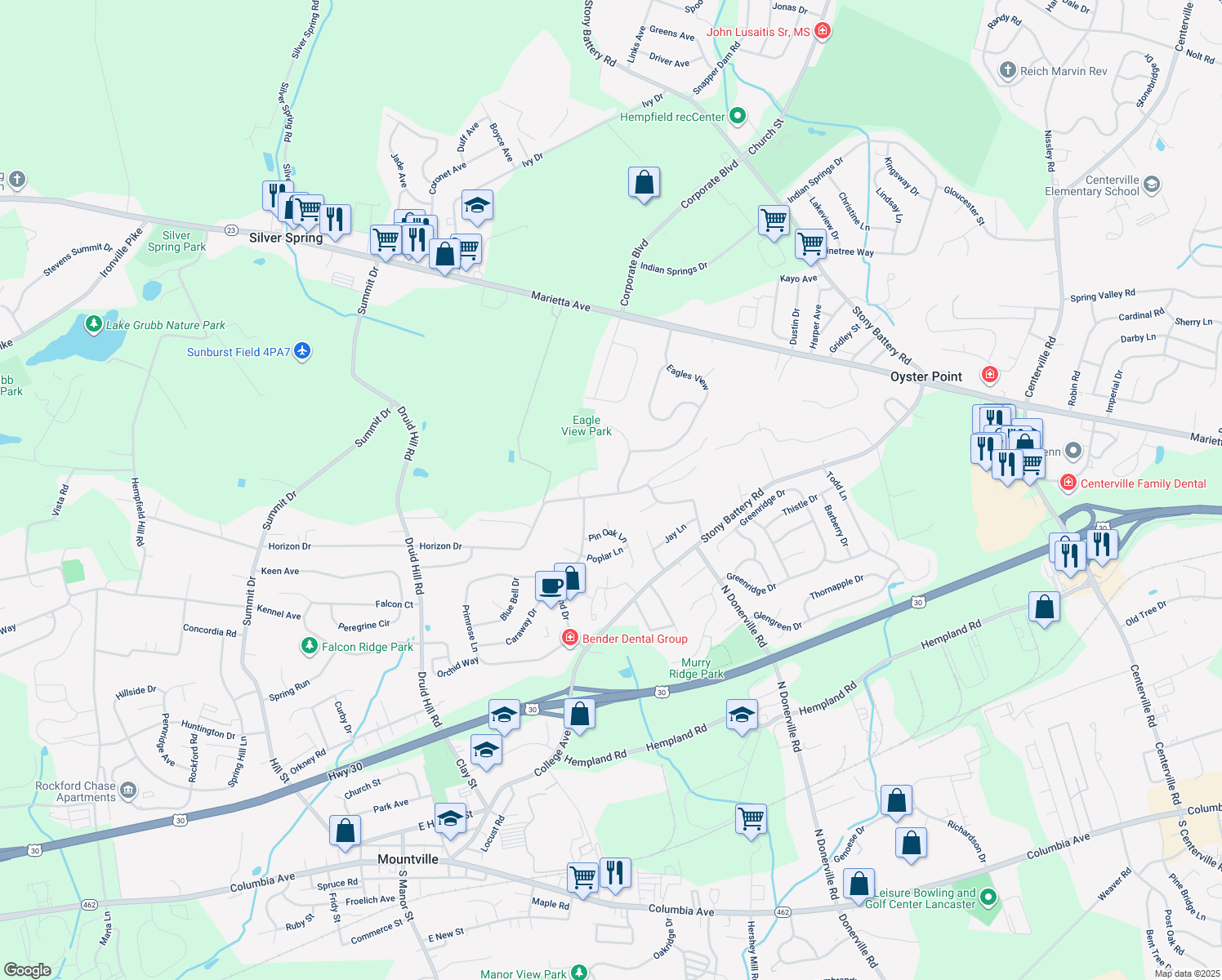 map of restaurants, bars, coffee shops, grocery stores, and more near 500 Bald Eagle Ct in Lancaster
