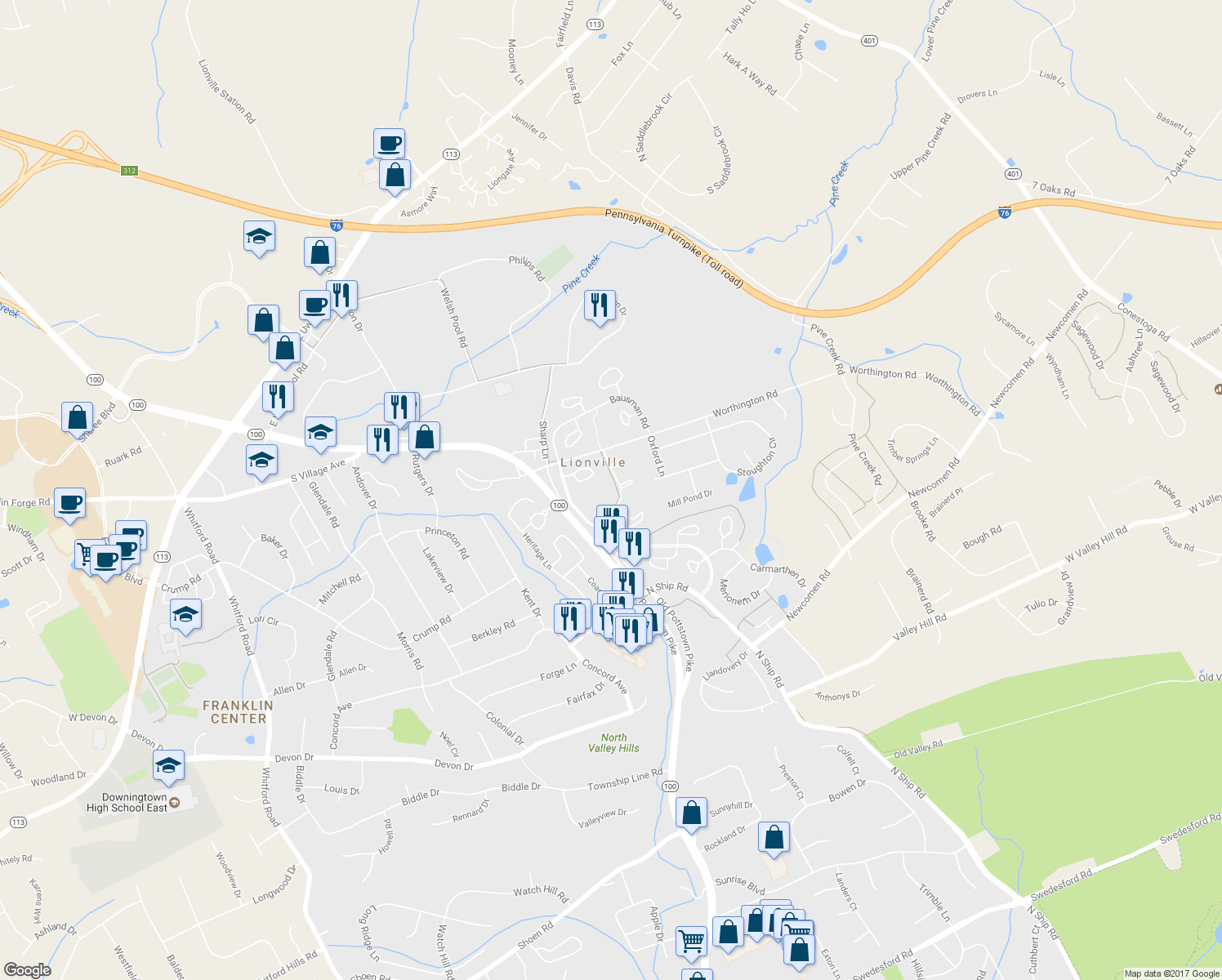 map of restaurants, bars, coffee shops, grocery stores, and more near 124 Caernarvon Court in Exton