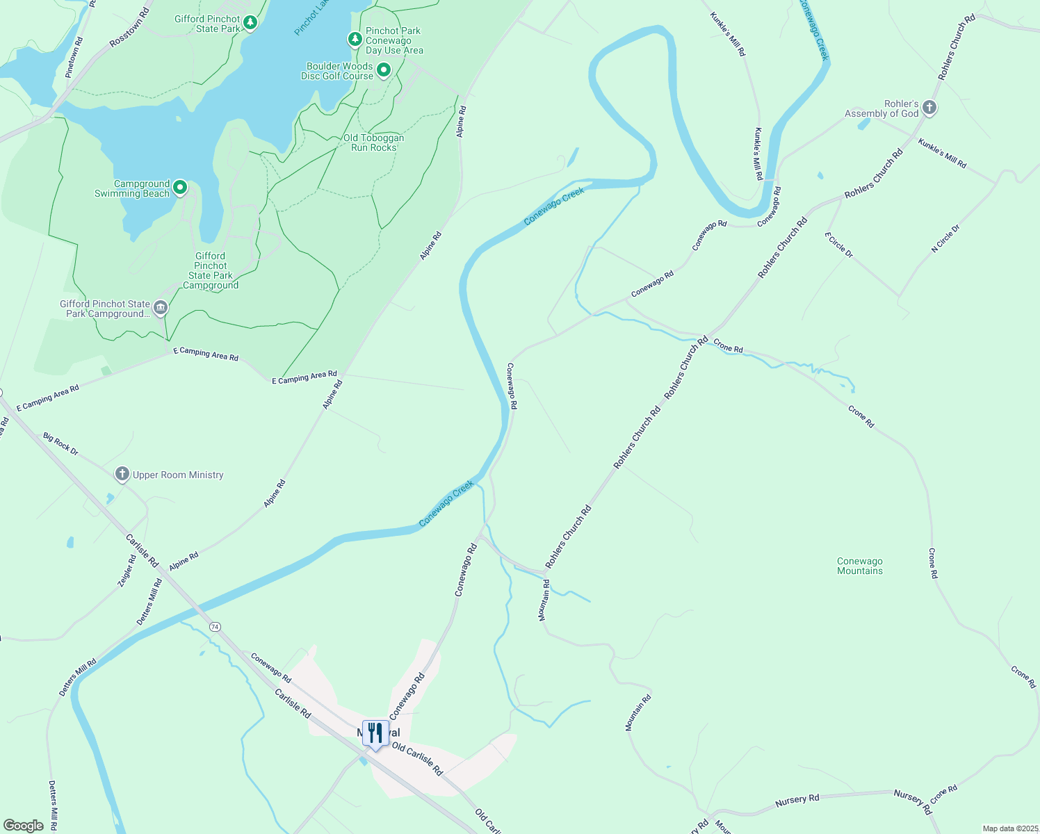 map of restaurants, bars, coffee shops, grocery stores, and more near 1591 Conewago Road in Dover