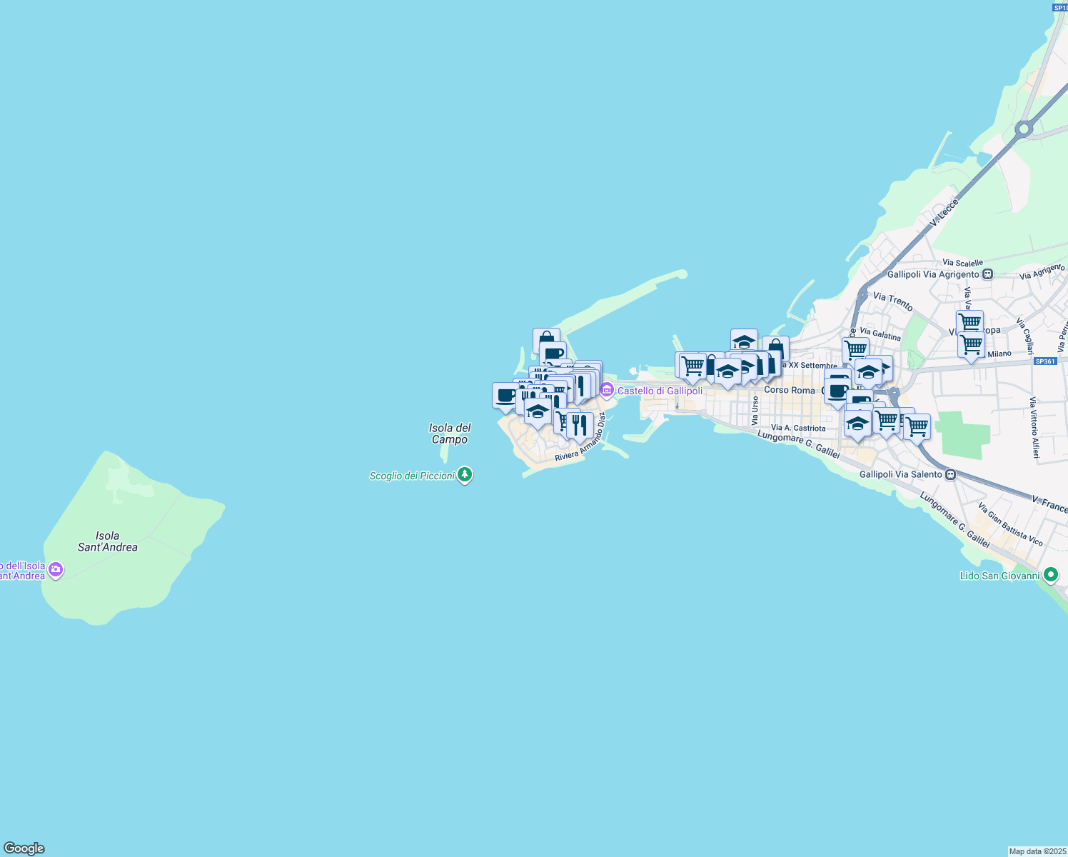 map of restaurants, bars, coffee shops, grocery stores, and more near 8 Via Stefano Catalano in Gallipoli