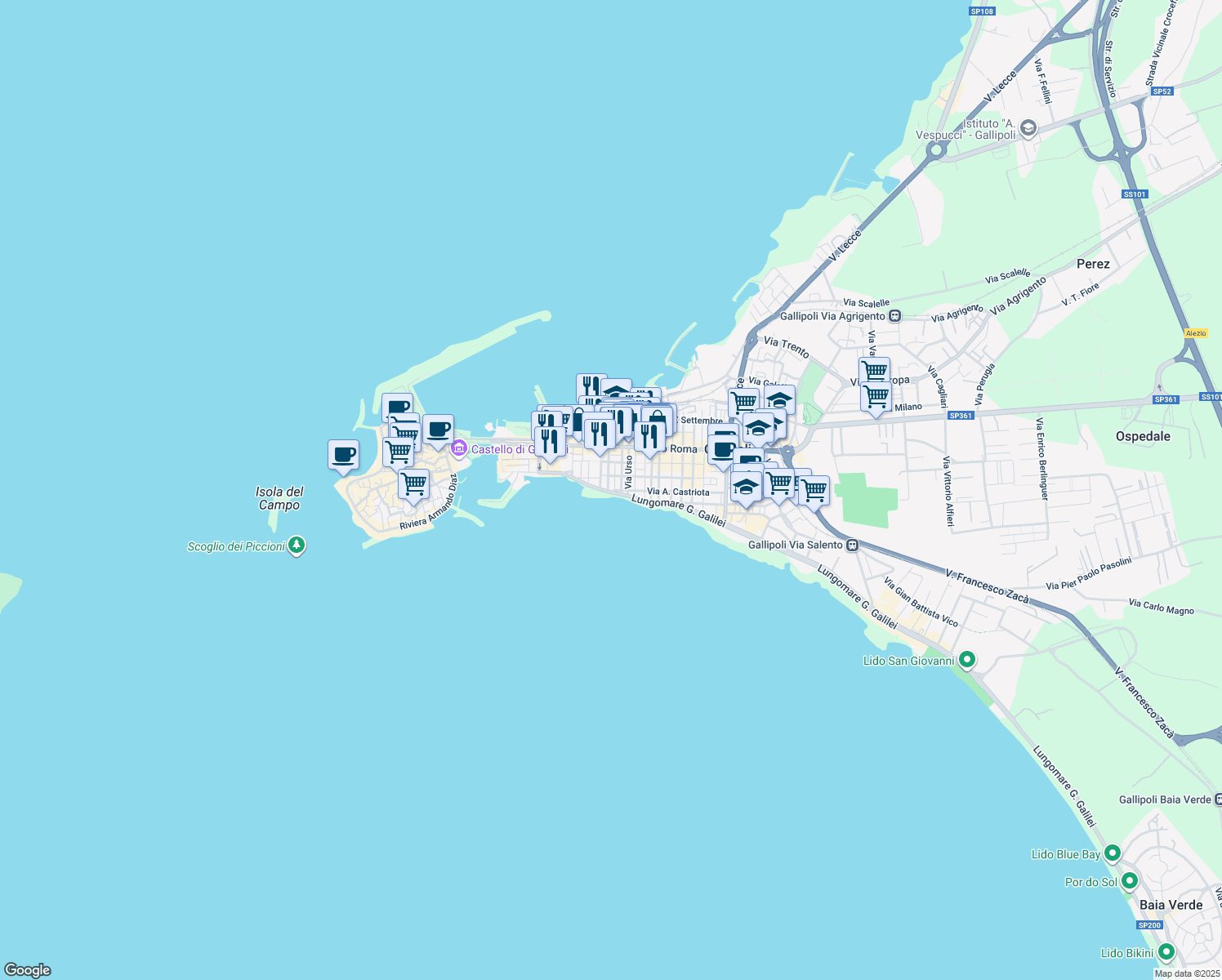 map of restaurants, bars, coffee shops, grocery stores, and more near 7 Via Ampalea in Gallipoli