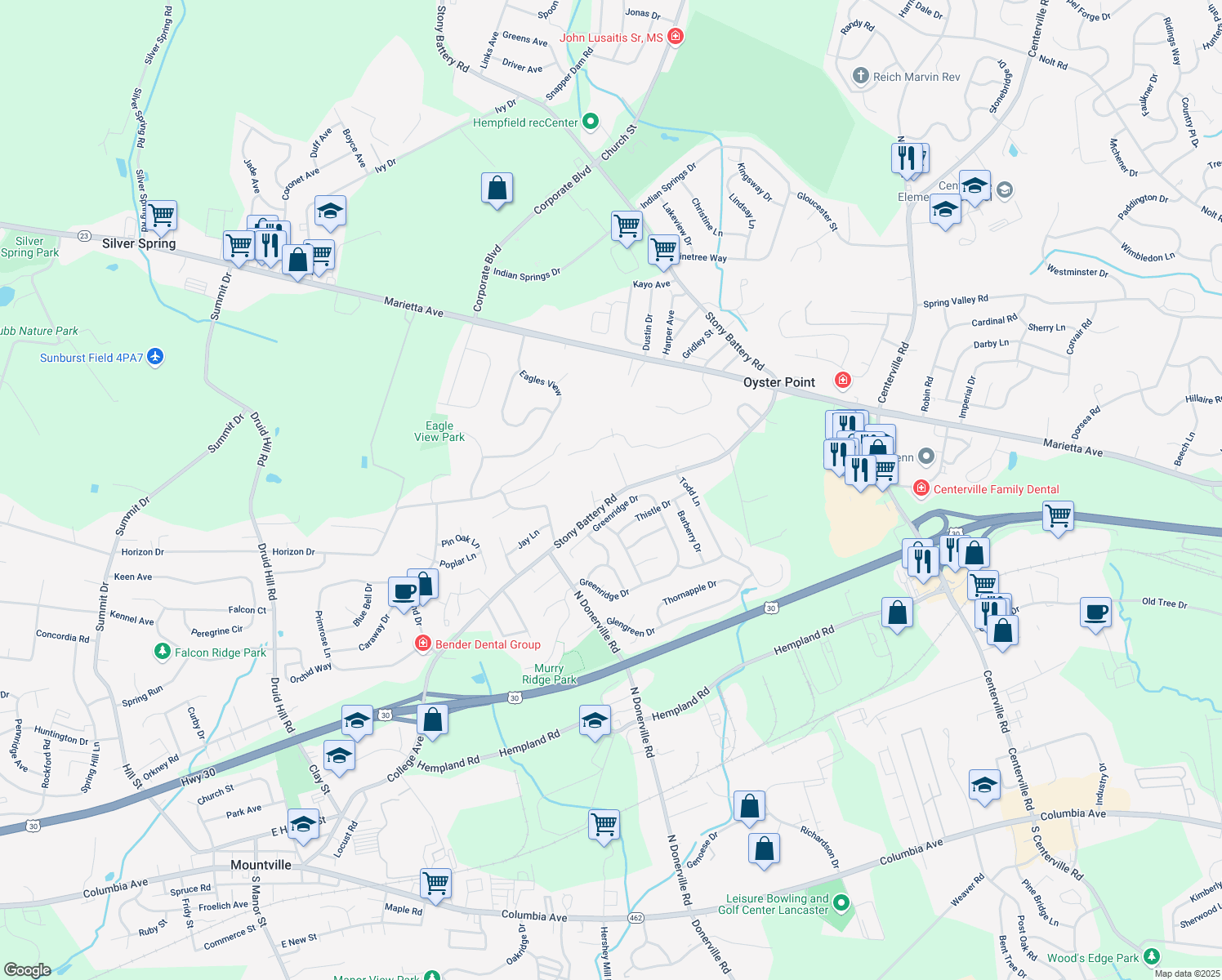 map of restaurants, bars, coffee shops, grocery stores, and more near 1690 Stony Battery Road in Lancaster
