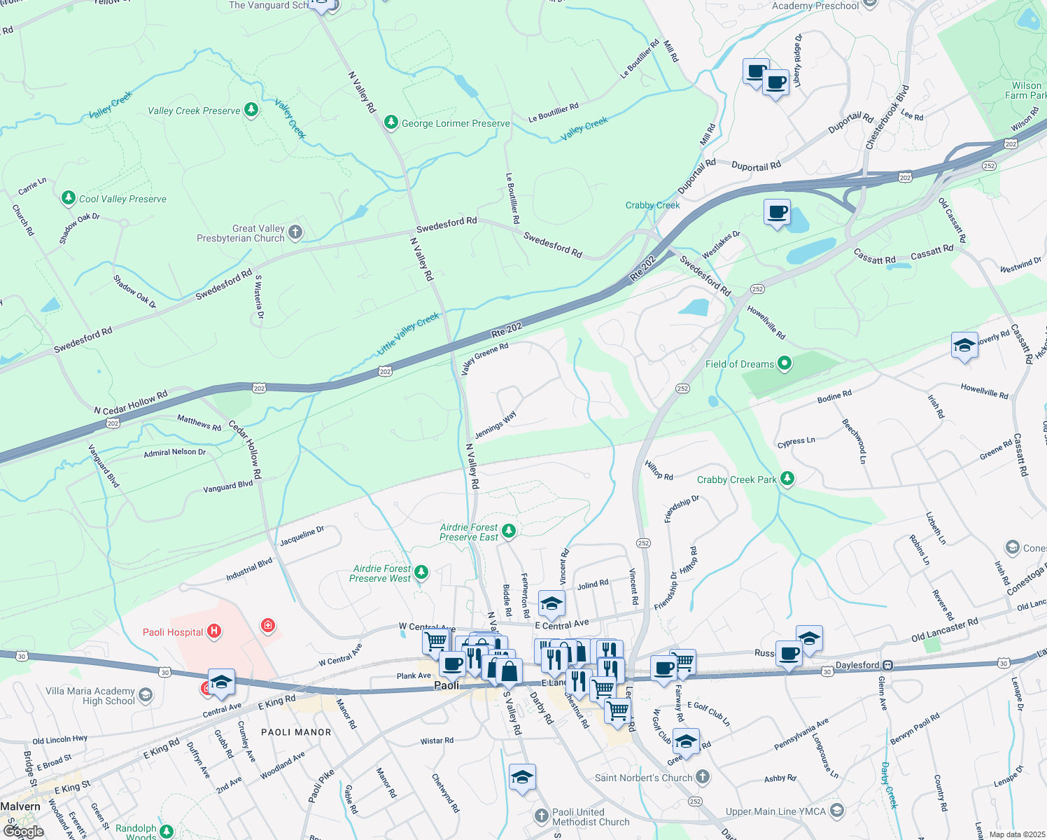 map of restaurants, bars, coffee shops, grocery stores, and more near 1735 Justin Lane in Paoli