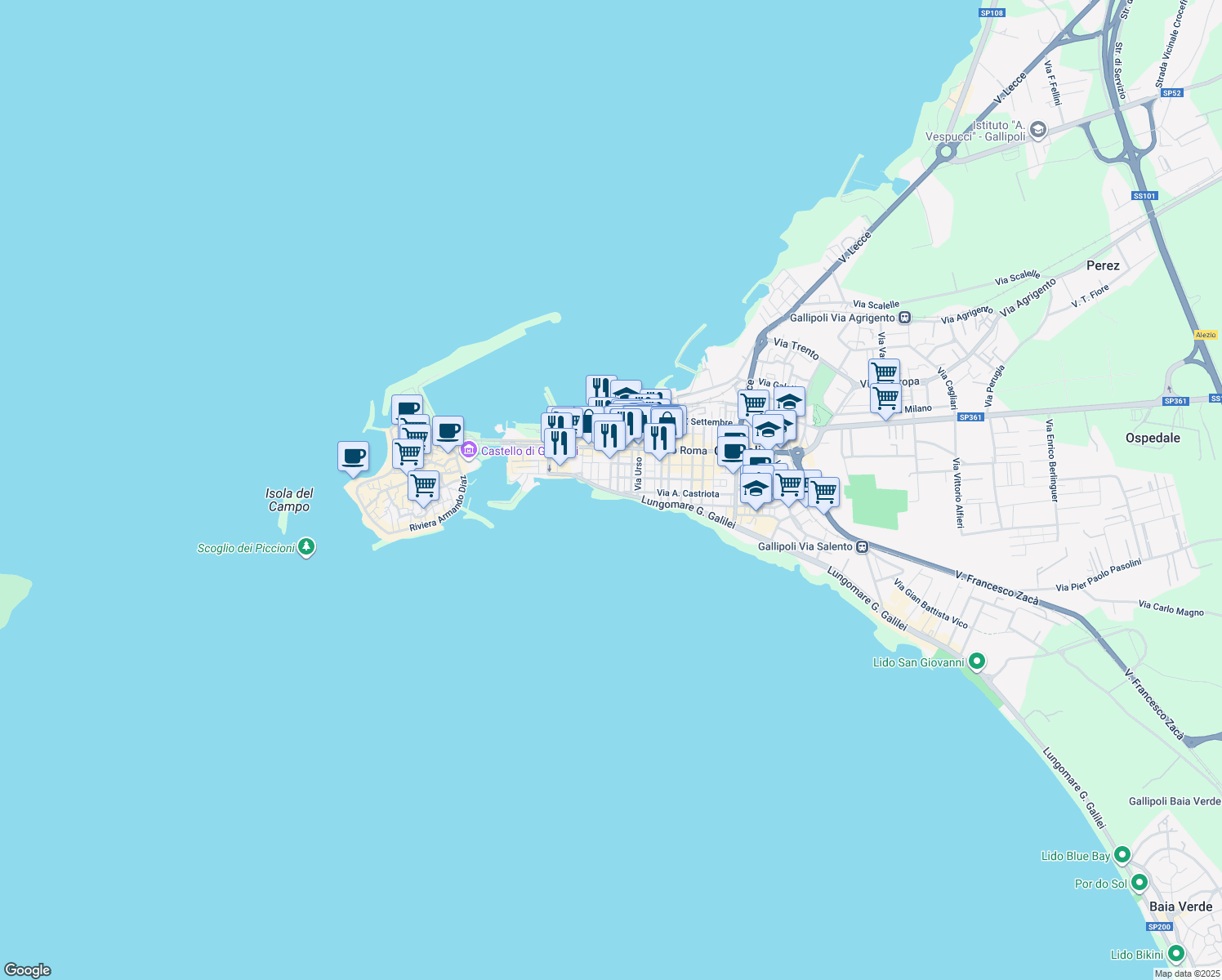 map of restaurants, bars, coffee shops, grocery stores, and more near 7 Via Ampalea in Gallipoli