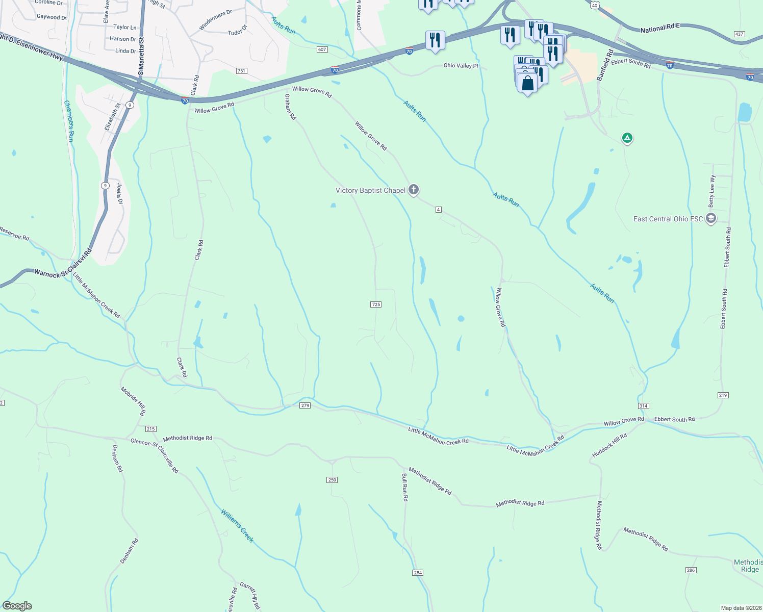 map of restaurants, bars, coffee shops, grocery stores, and more near 66865 Graham Road in St. Clairsville