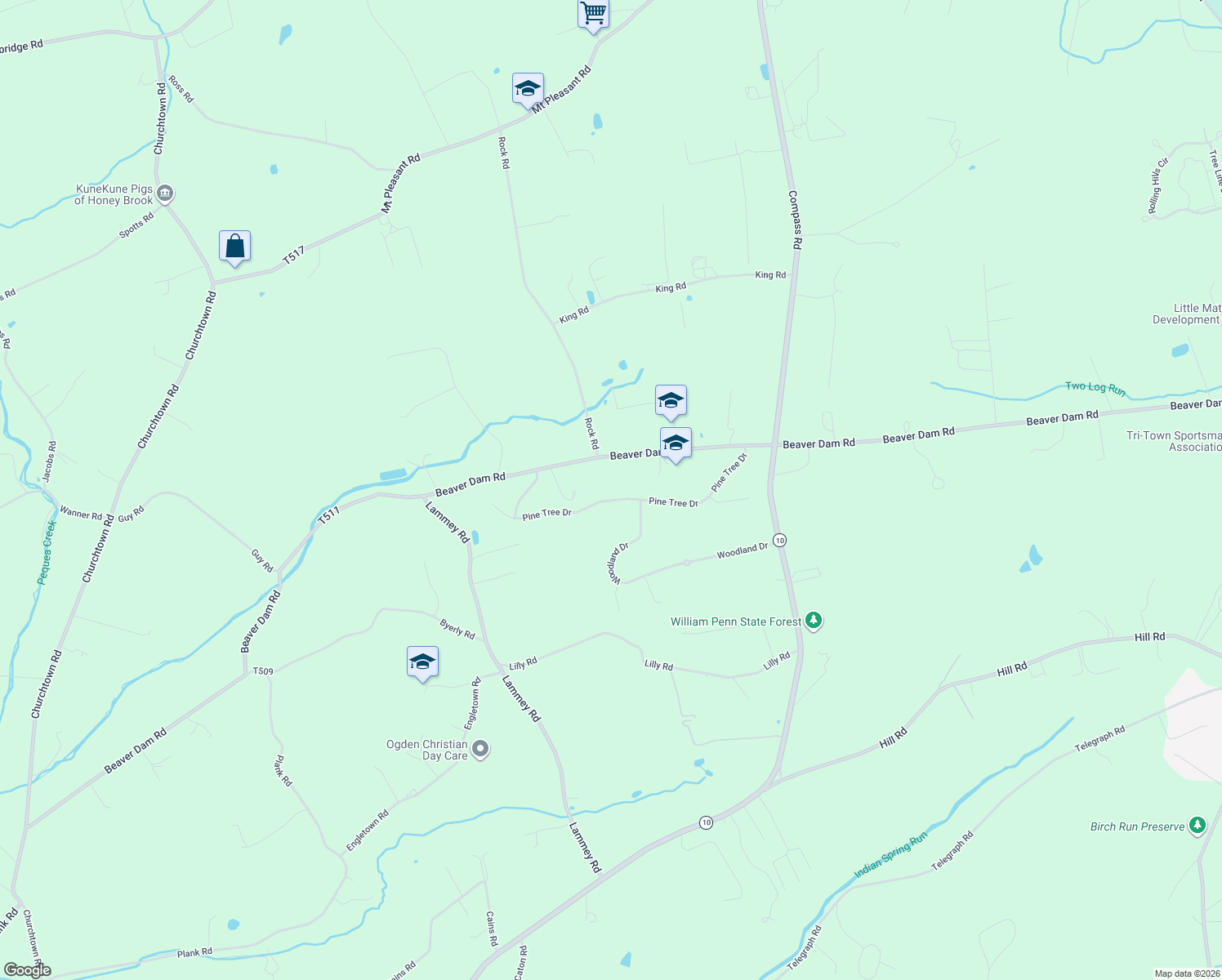 map of restaurants, bars, coffee shops, grocery stores, and more near 115 Pine Tree Dr in Honey Brook