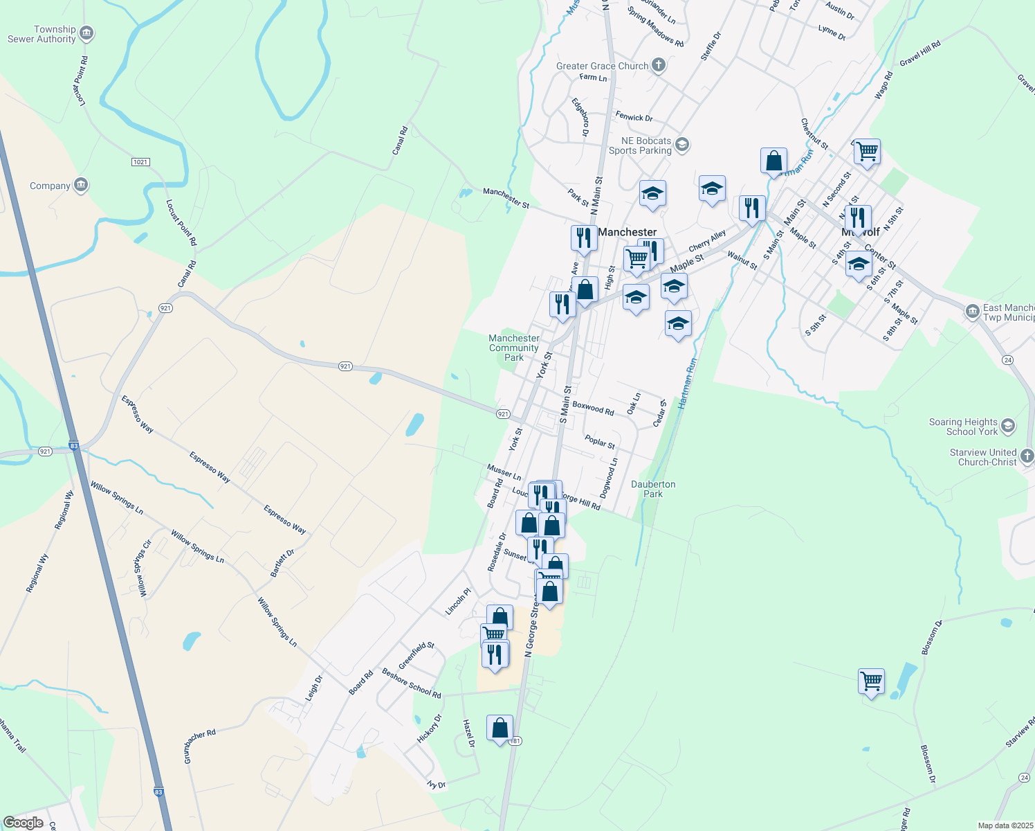 map of restaurants, bars, coffee shops, grocery stores, and more near 390 York St in Manchester