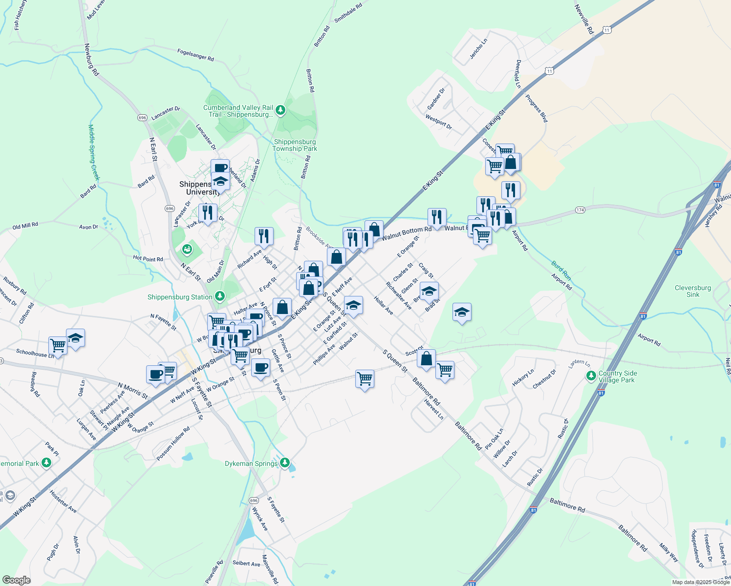map of restaurants, bars, coffee shops, grocery stores, and more near 102 Hollar Avenue in Shippensburg