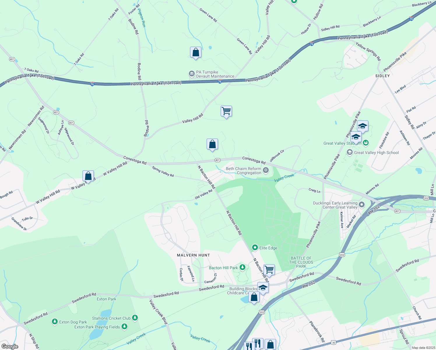 map of restaurants, bars, coffee shops, grocery stores, and more near 49 Dillan Drive in Malvern