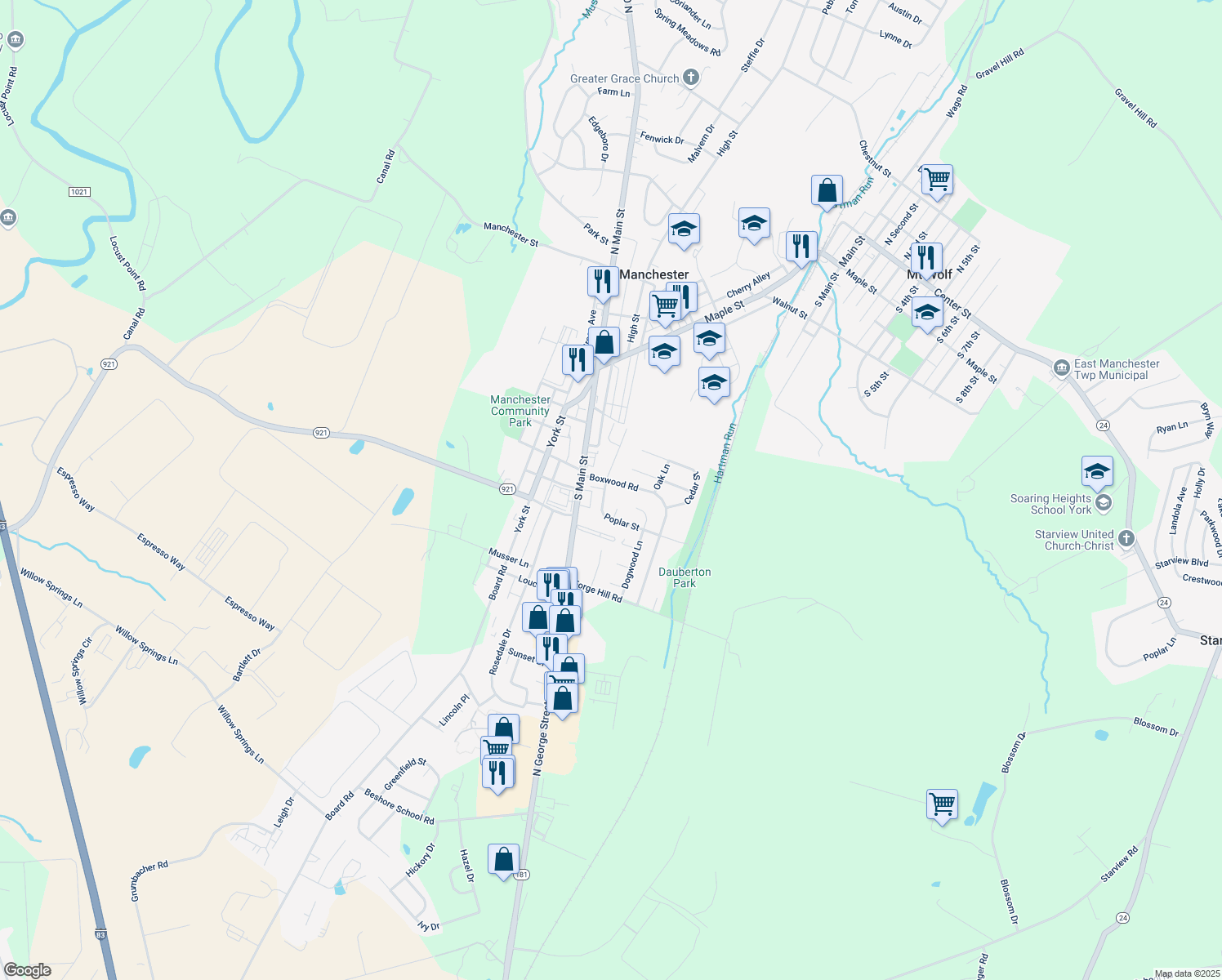 map of restaurants, bars, coffee shops, grocery stores, and more near 215 Poplar St in Manchester