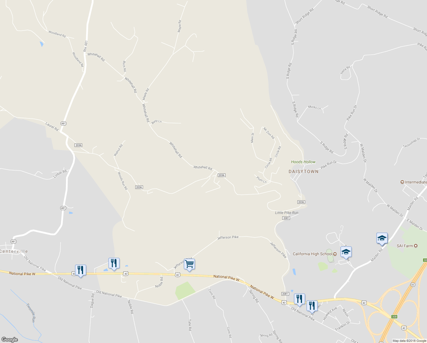 map of restaurants, bars, coffee shops, grocery stores, and more near 318 Pike Run Drive in Washington County