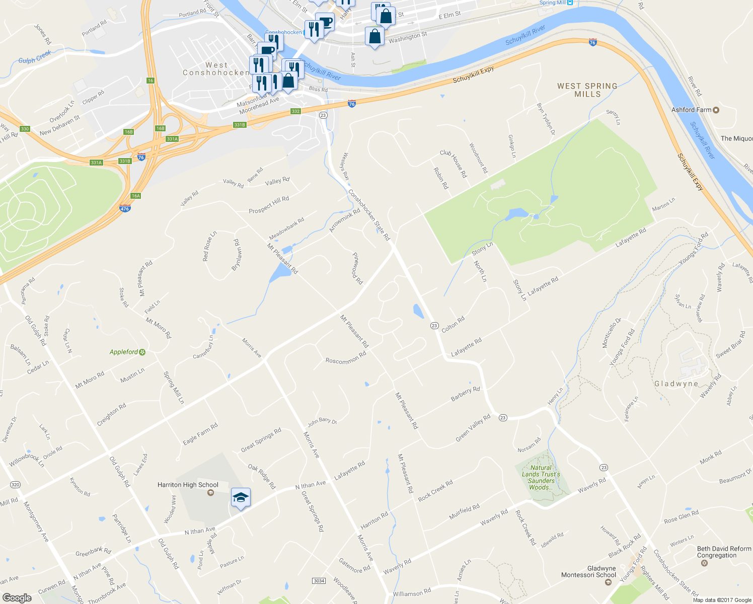 map of restaurants, bars, coffee shops, grocery stores, and more near 1252 Round Hill Road in Bryn Mawr
