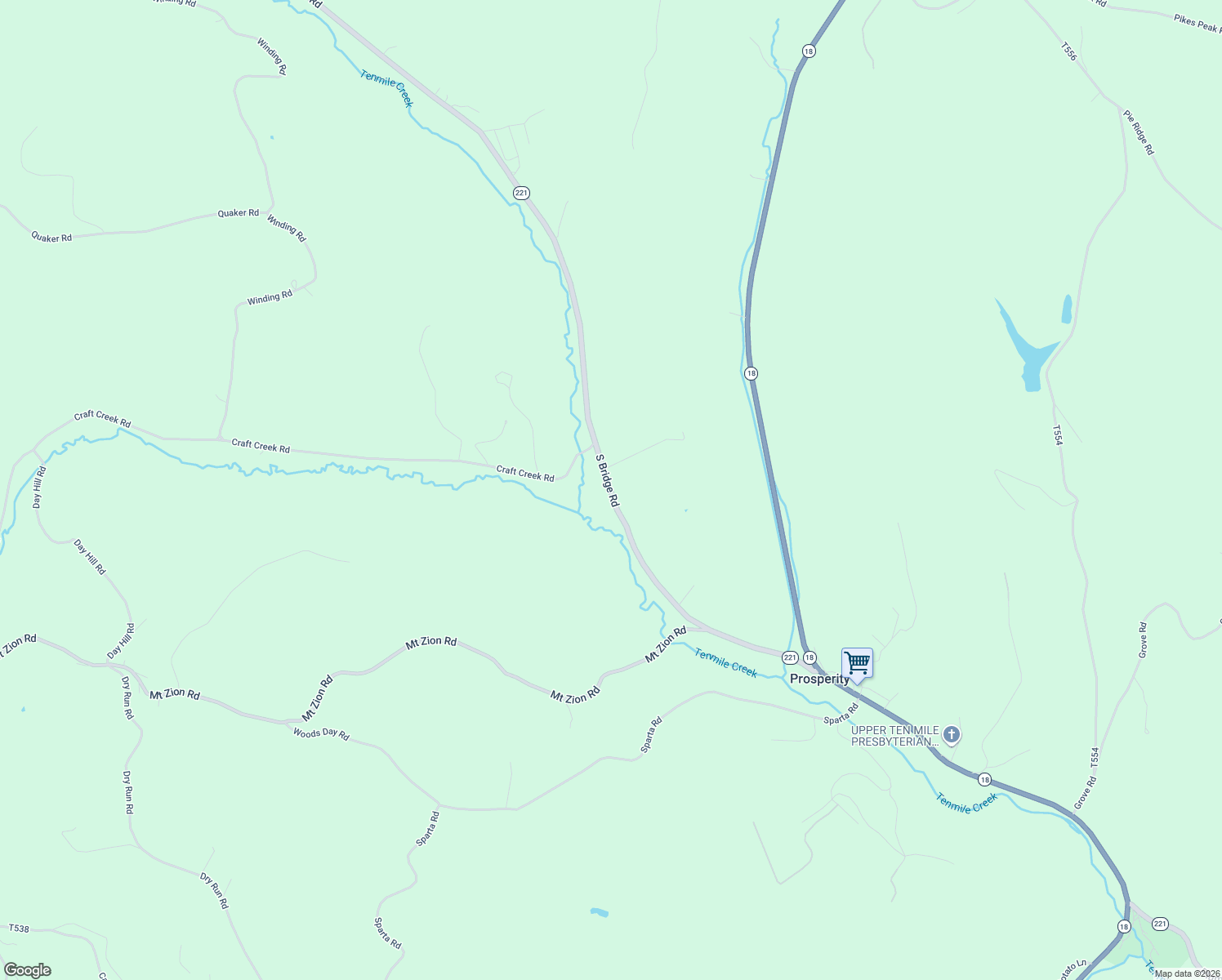 map of restaurants, bars, coffee shops, grocery stores, and more near 150 South Bridge Road in Prosperity