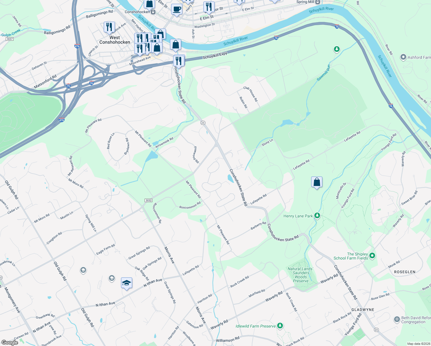 map of restaurants, bars, coffee shops, grocery stores, and more near 1224 Round Hill Road in Bryn Mawr