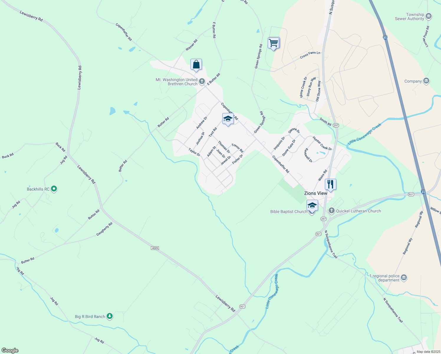 map of restaurants, bars, coffee shops, grocery stores, and more near 610 Fisher Drive in York