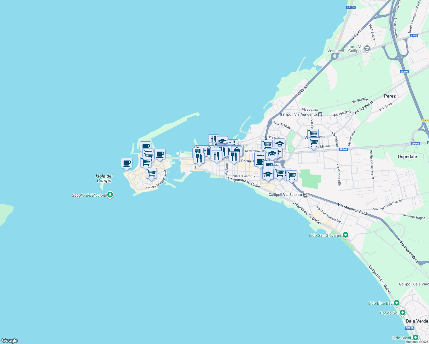 map of restaurants, bars, coffee shops, grocery stores, and more near 10 Via Castromediano in Gallipoli
