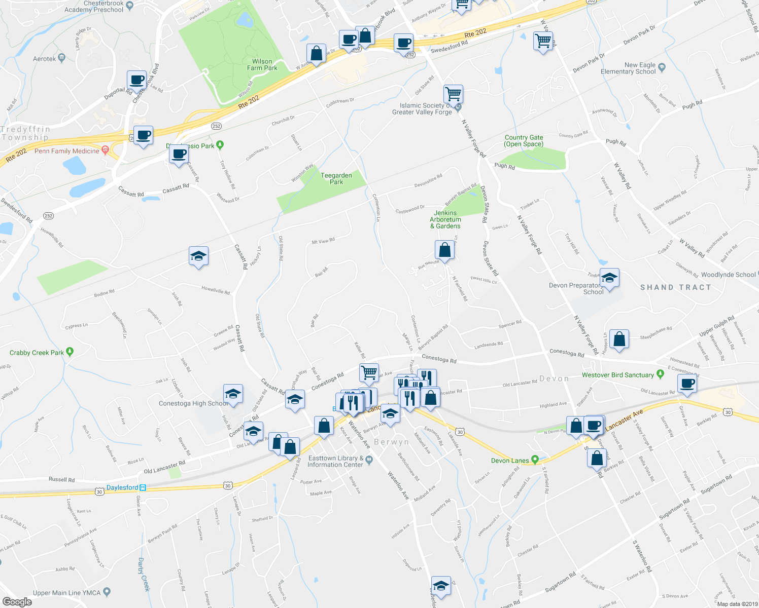 map of restaurants, bars, coffee shops, grocery stores, and more near 427 Margo Lane in Berwyn