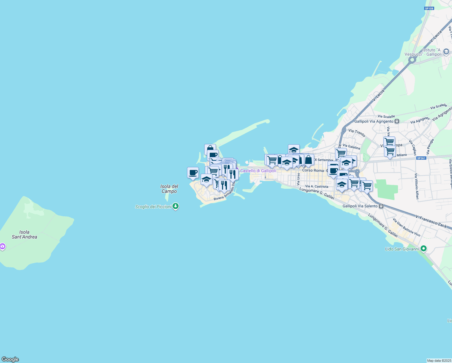 map of restaurants, bars, coffee shops, grocery stores, and more near 10 Piazza della Repubblica in Gallipoli