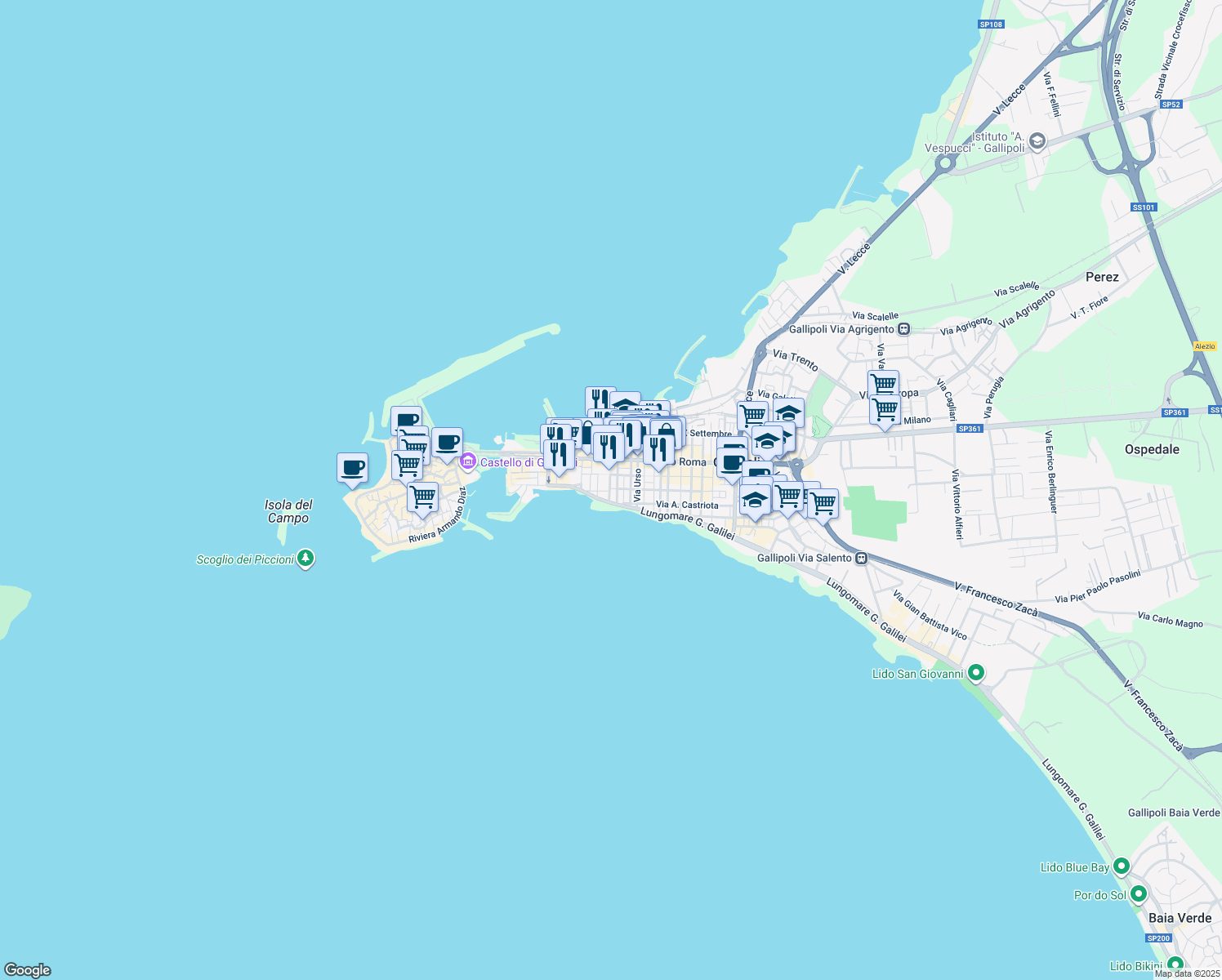 map of restaurants, bars, coffee shops, grocery stores, and more near 7 Via Ampalea in Gallipoli
