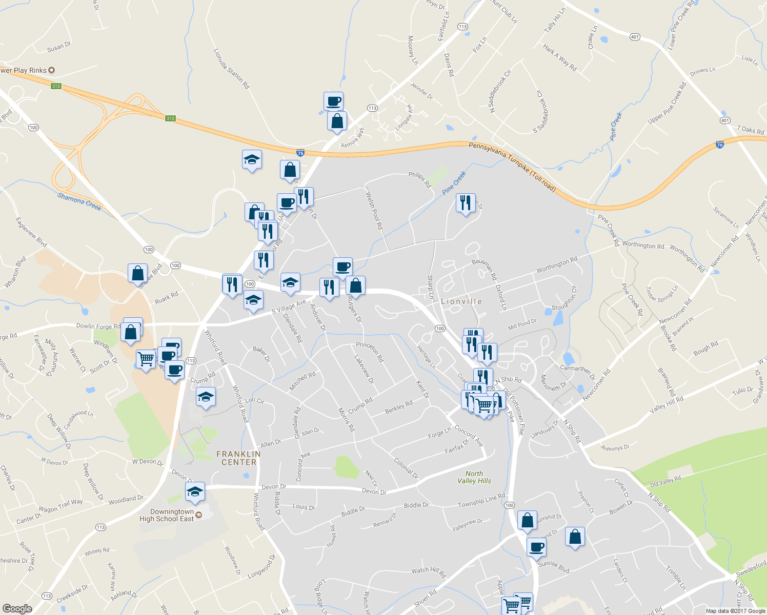map of restaurants, bars, coffee shops, grocery stores, and more near 1405 Worthington Drive in Exton