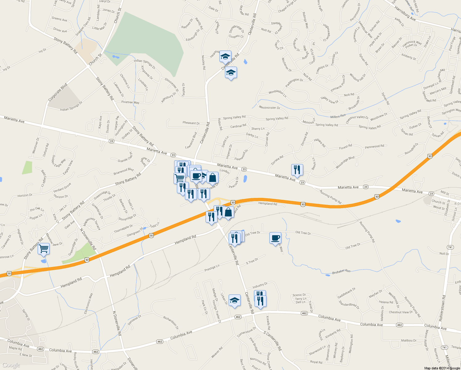 map of restaurants, bars, coffee shops, grocery stores, and more near 59 Peacock Dr in Lancaster