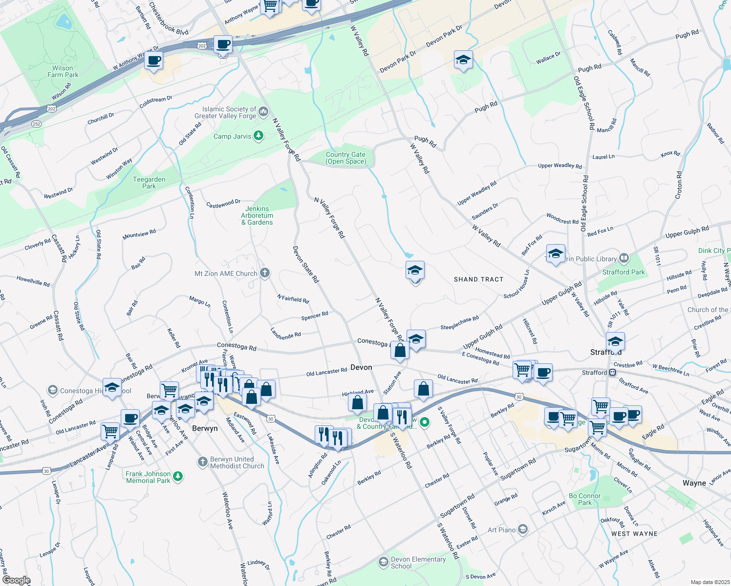 map of restaurants, bars, coffee shops, grocery stores, and more near 410 North Valley Forge Road in Devon