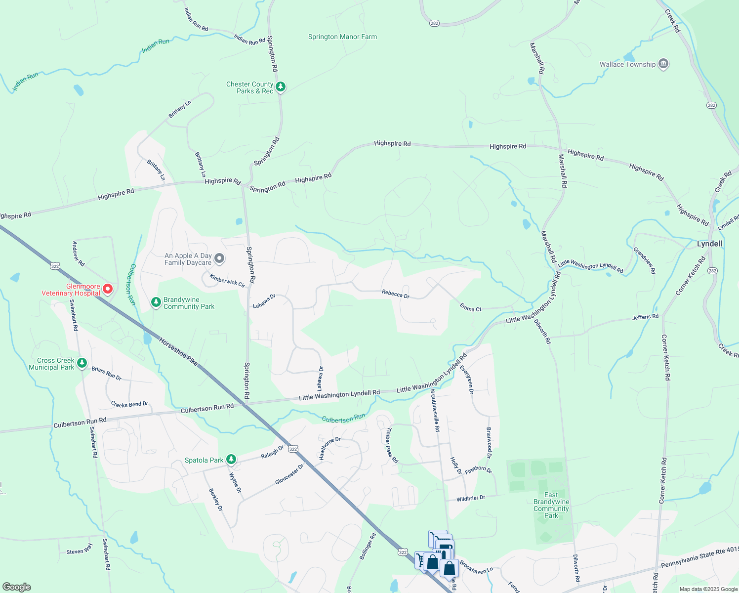 map of restaurants, bars, coffee shops, grocery stores, and more near 126 Rebecca Drive in Downingtown