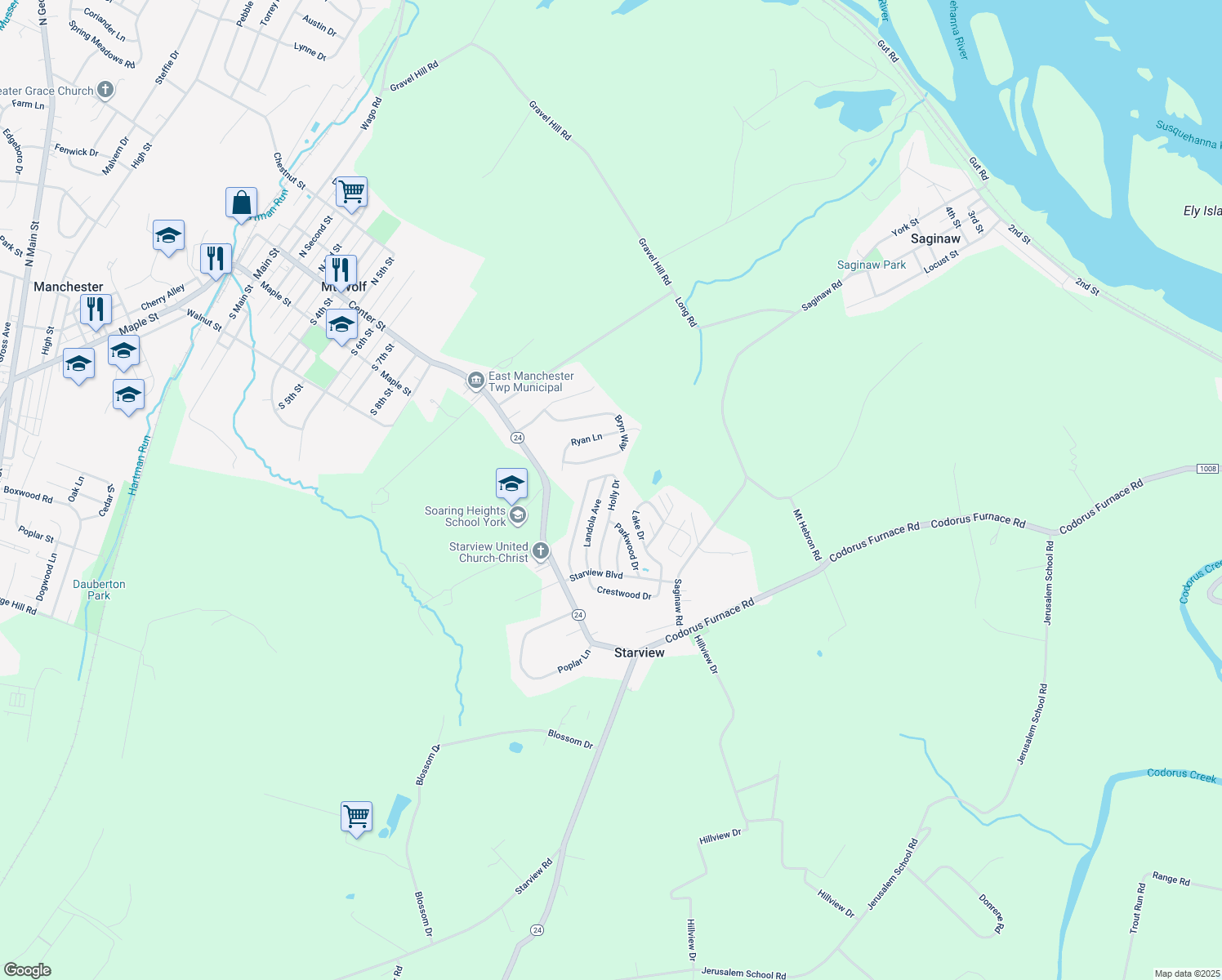 map of restaurants, bars, coffee shops, grocery stores, and more near 428 Holly Drive in Mount Wolf