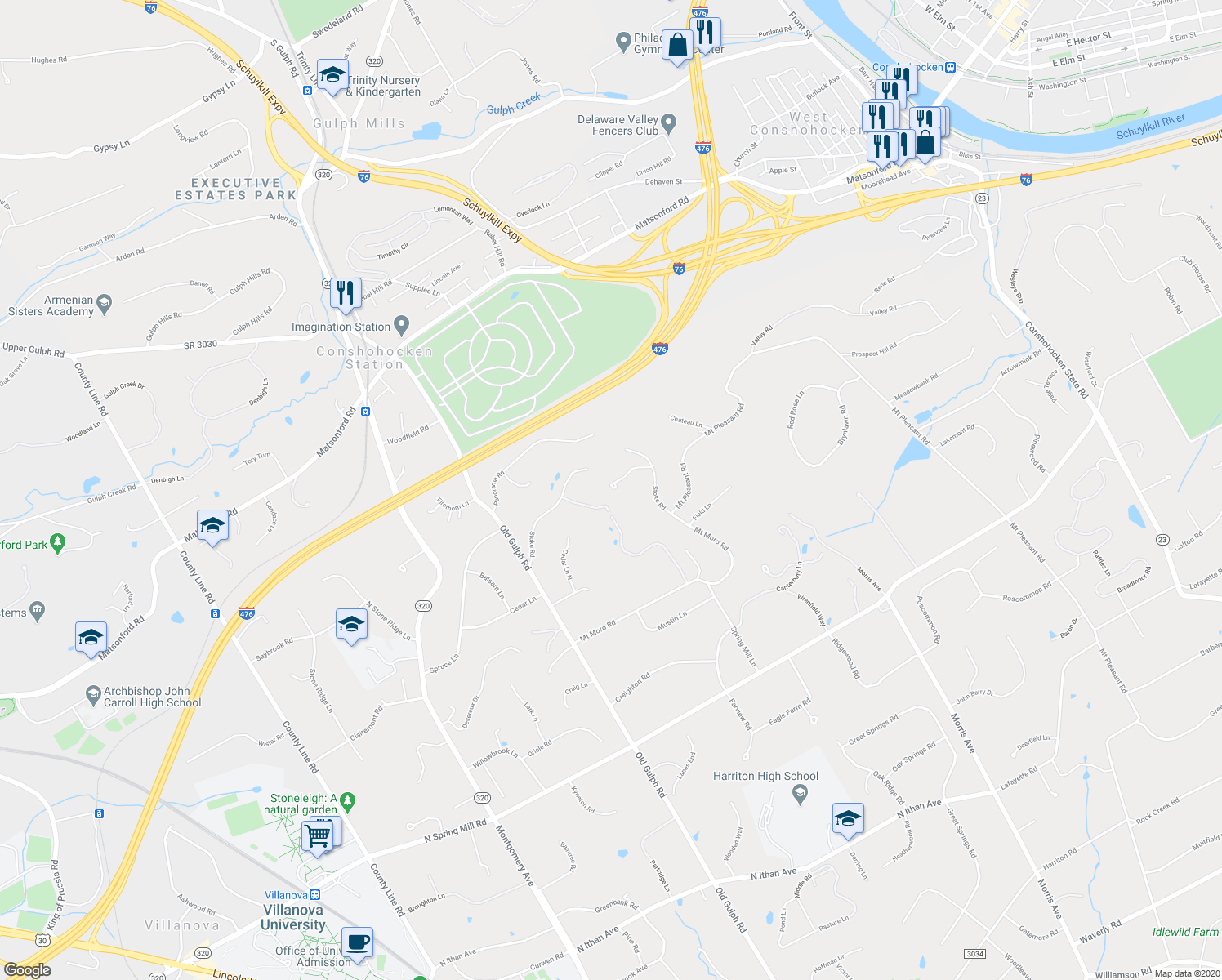 map of restaurants, bars, coffee shops, grocery stores, and more near 931 Stoke Road in Villanova