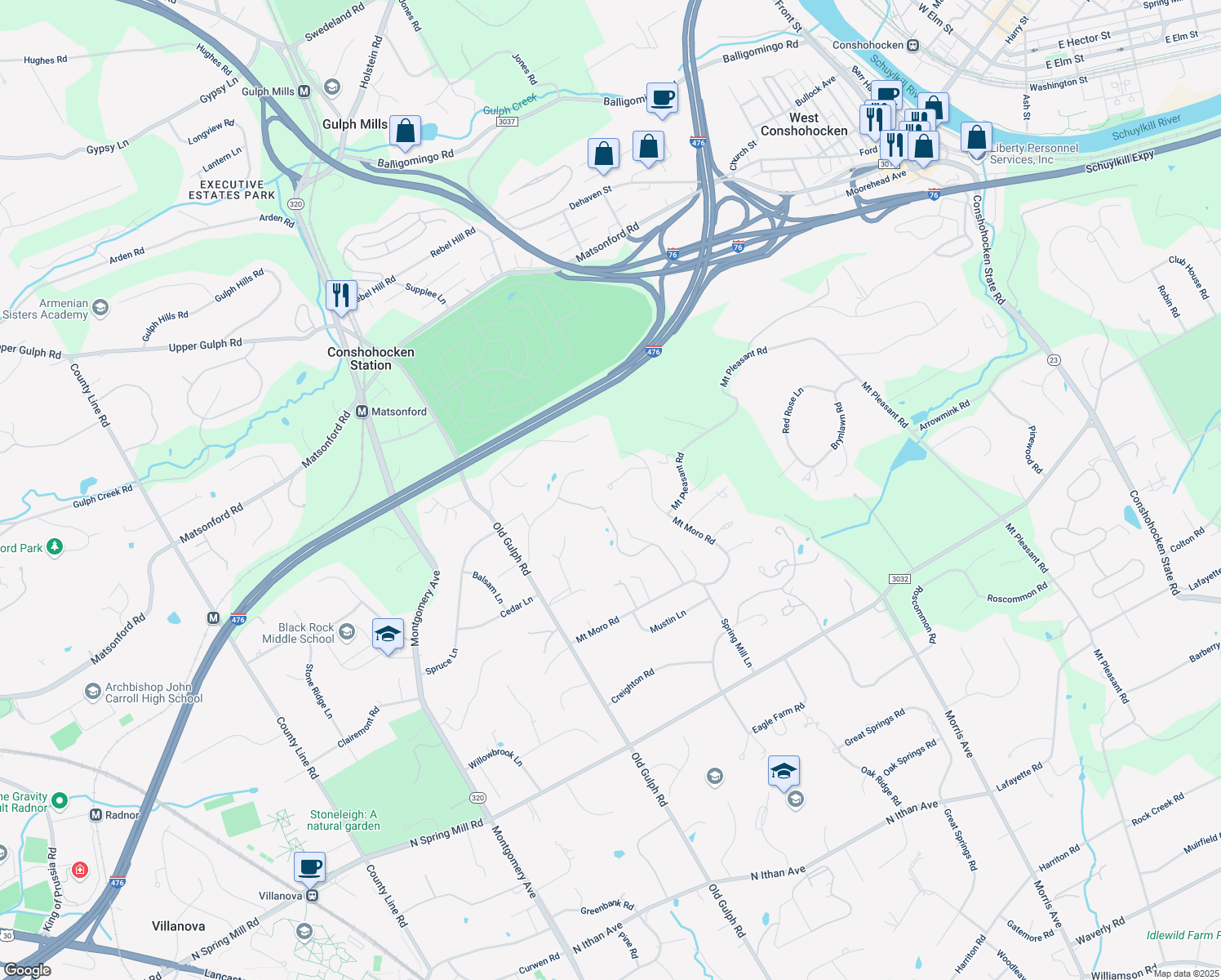 map of restaurants, bars, coffee shops, grocery stores, and more near 931 Stoke Road in Villanova