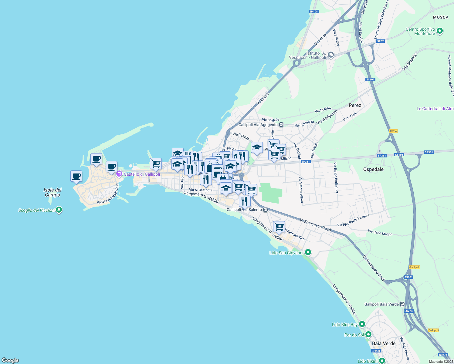 map of restaurants, bars, coffee shops, grocery stores, and more near 22 Via Foggia in Gallipoli