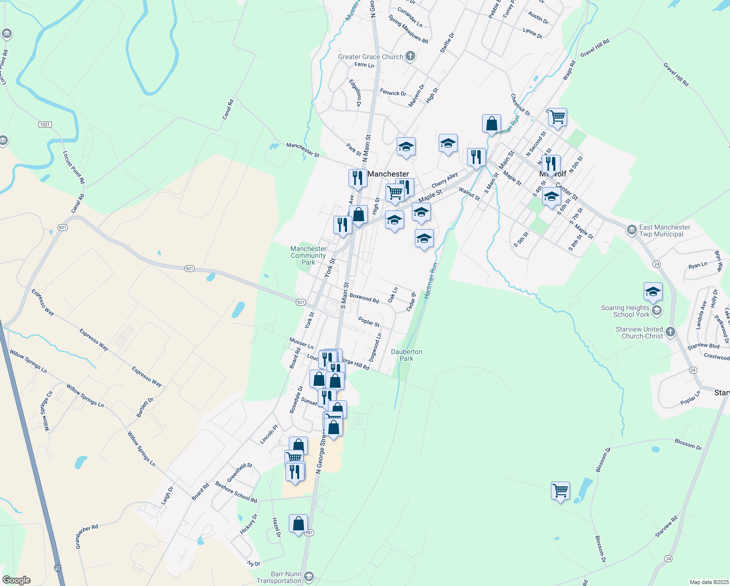 map of restaurants, bars, coffee shops, grocery stores, and more near 21 North Poplar Court in Manchester