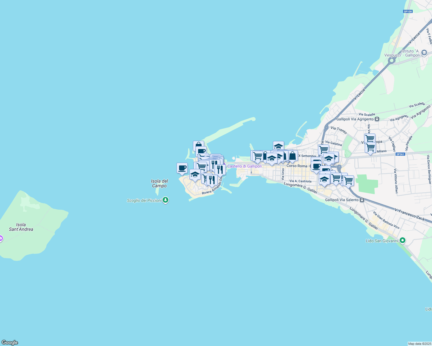 map of restaurants, bars, coffee shops, grocery stores, and more near 10 Piazza della Repubblica in Gallipoli