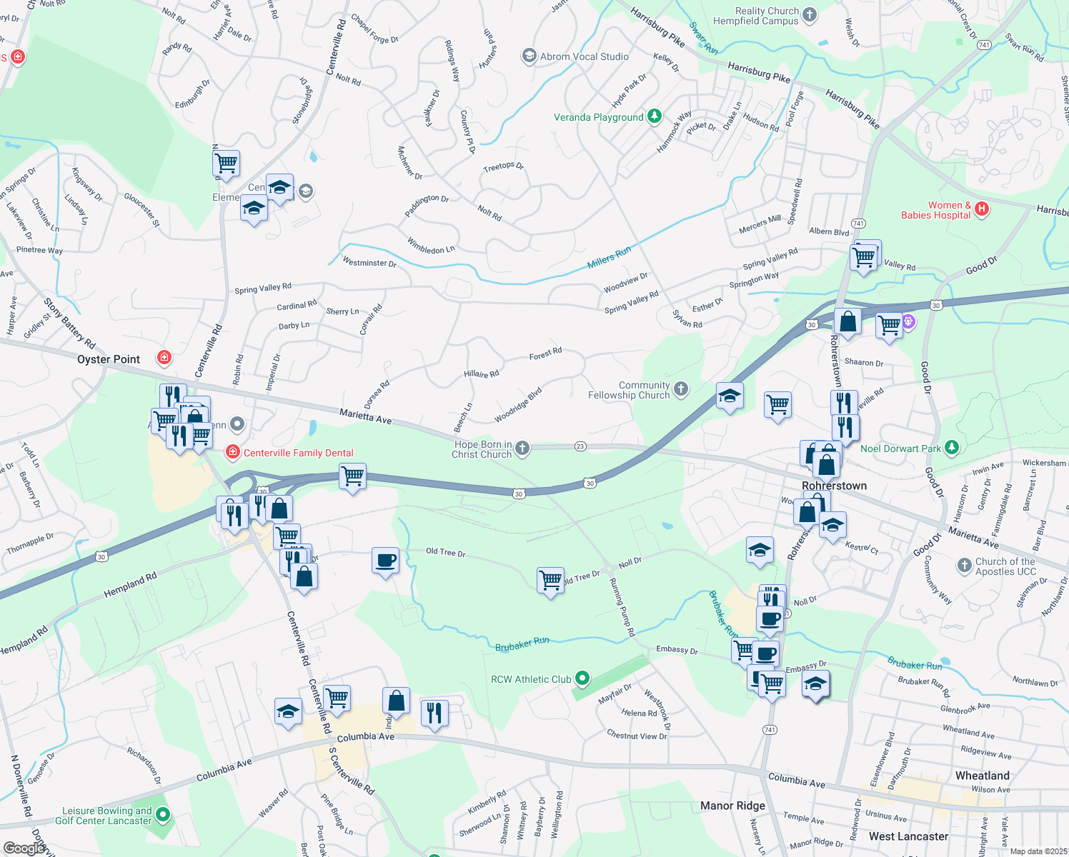 map of restaurants, bars, coffee shops, grocery stores, and more near 2607 Marietta Ave in Lancaster