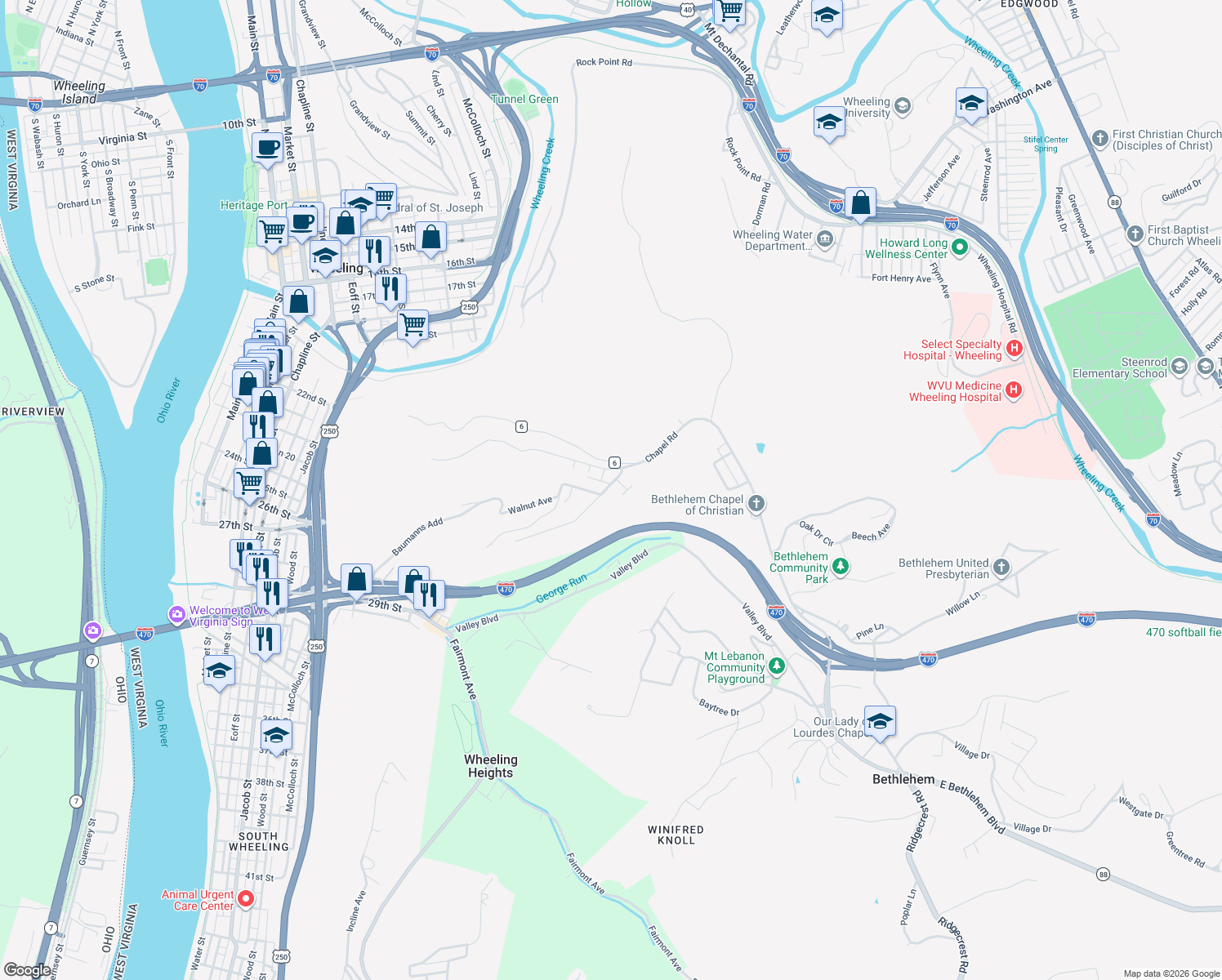 map of restaurants, bars, coffee shops, grocery stores, and more near 13 Highland Lane in Wheeling