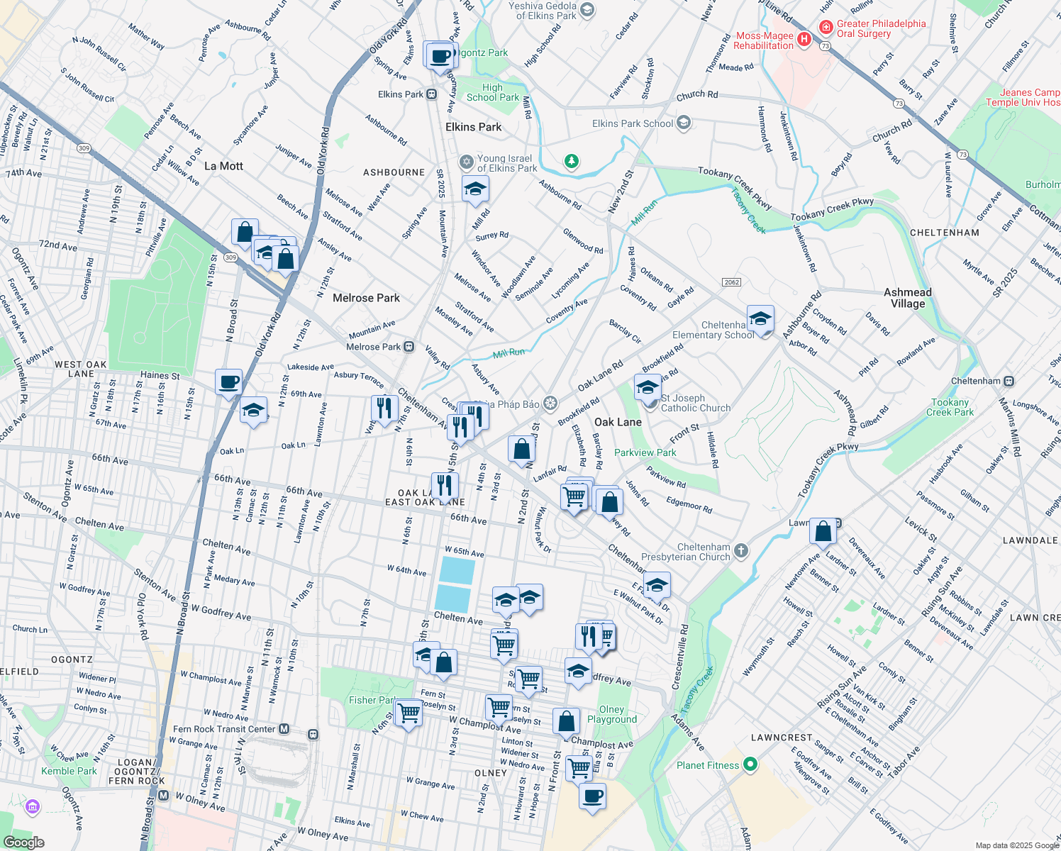 map of restaurants, bars, coffee shops, grocery stores, and more near 7444 New 2nd Street in Melrose Park