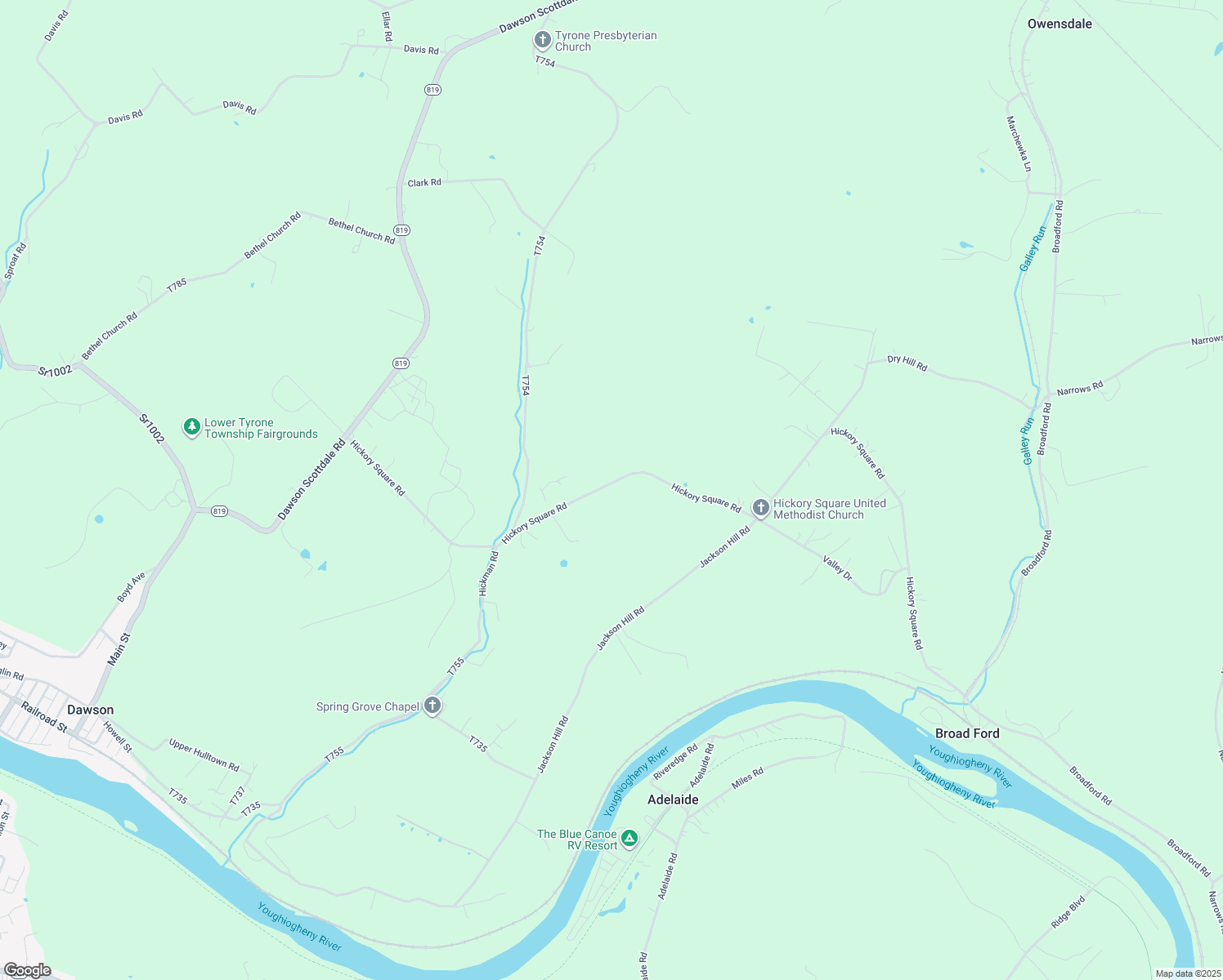 map of restaurants, bars, coffee shops, grocery stores, and more near 281 Hickory Square Road in Dawson