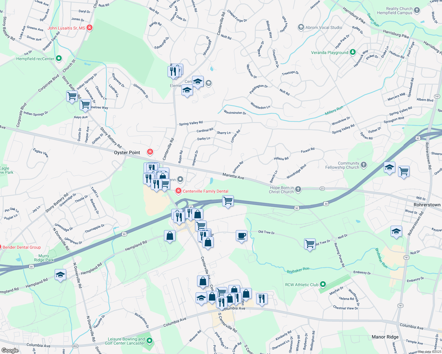 map of restaurants, bars, coffee shops, grocery stores, and more near 2820 Marietta Avenue in Lancaster