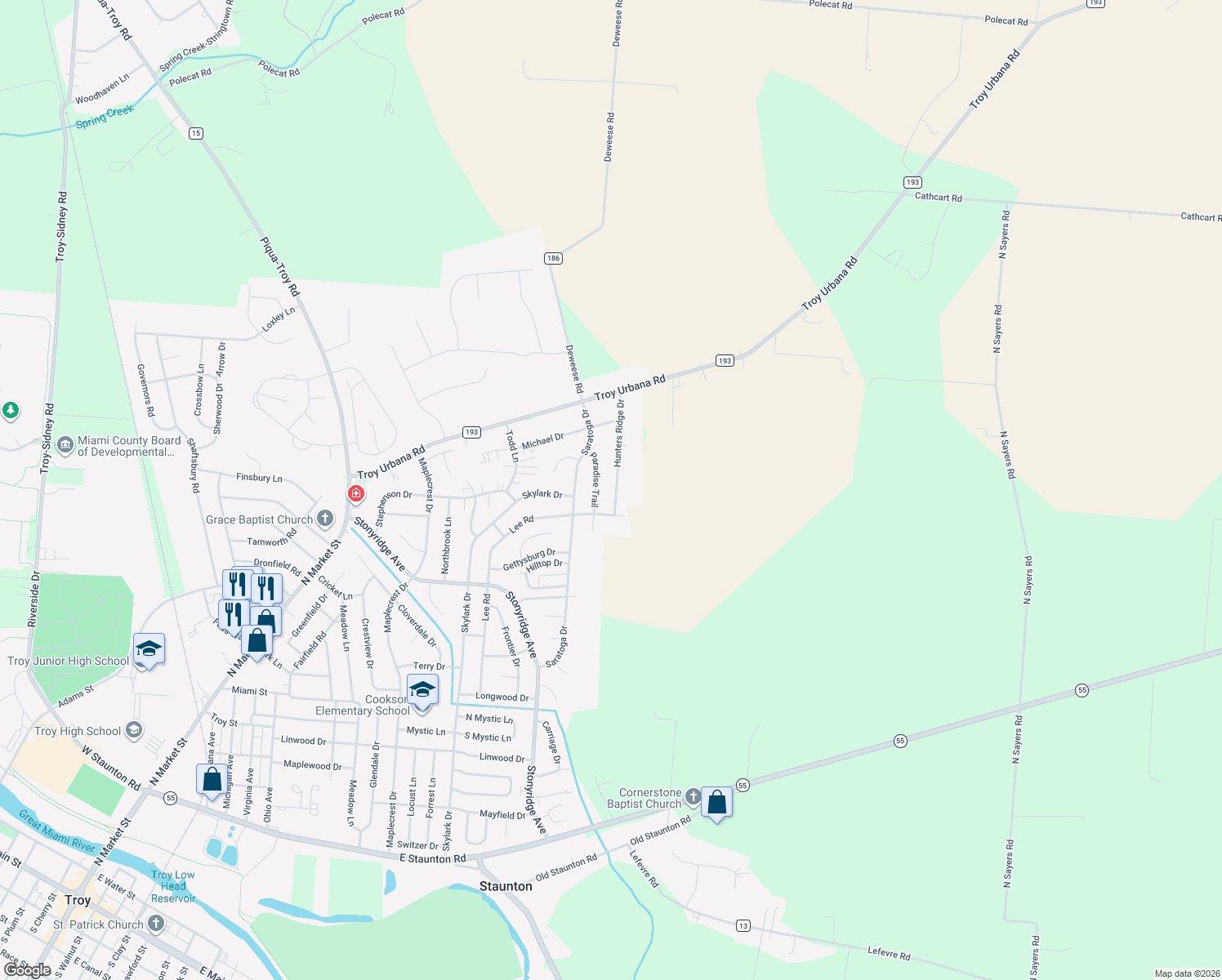 map of restaurants, bars, coffee shops, grocery stores, and more near 1728 Hunters Ridge Drive in Troy