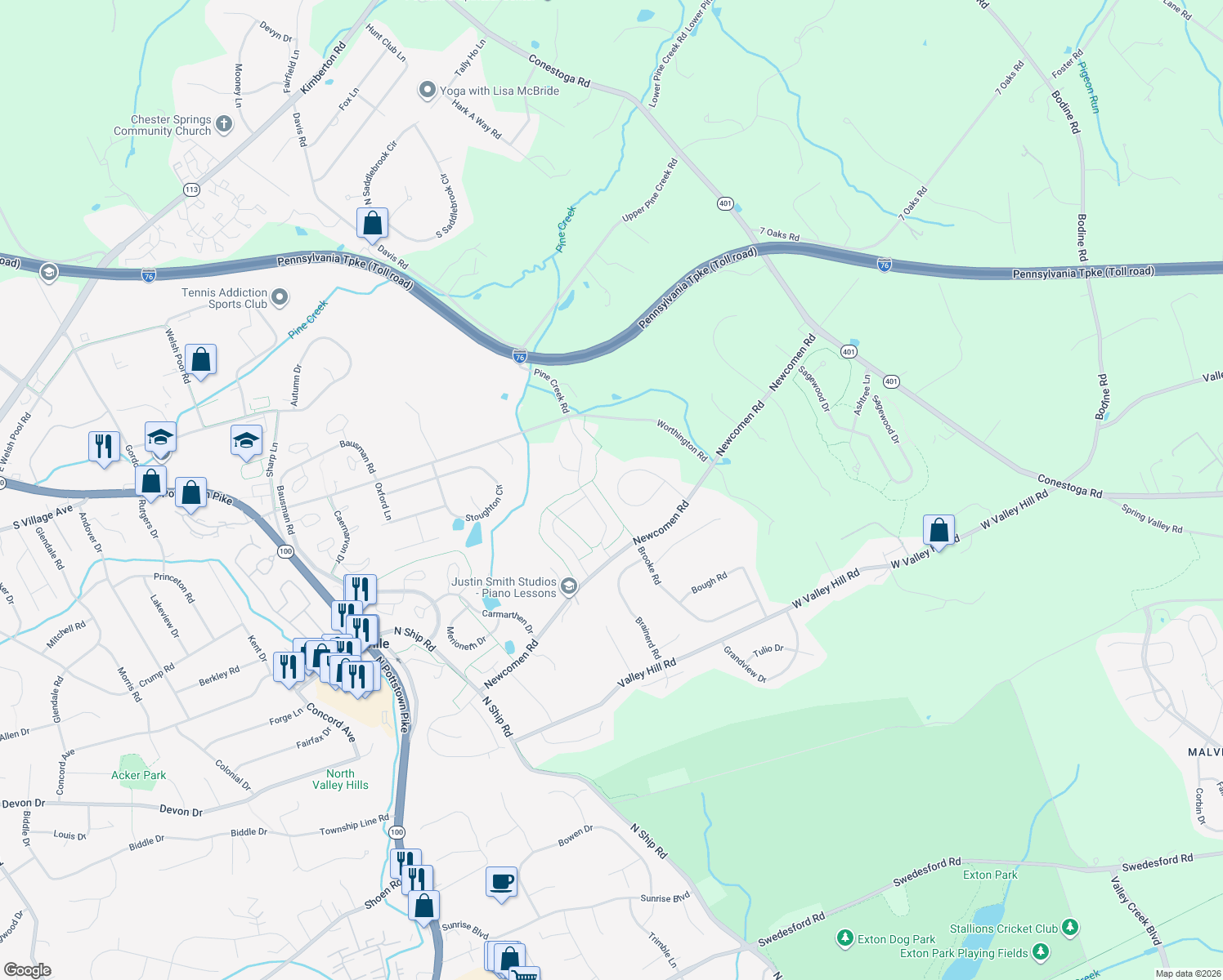 map of restaurants, bars, coffee shops, grocery stores, and more near 110 Timber Springs Lane in Exton