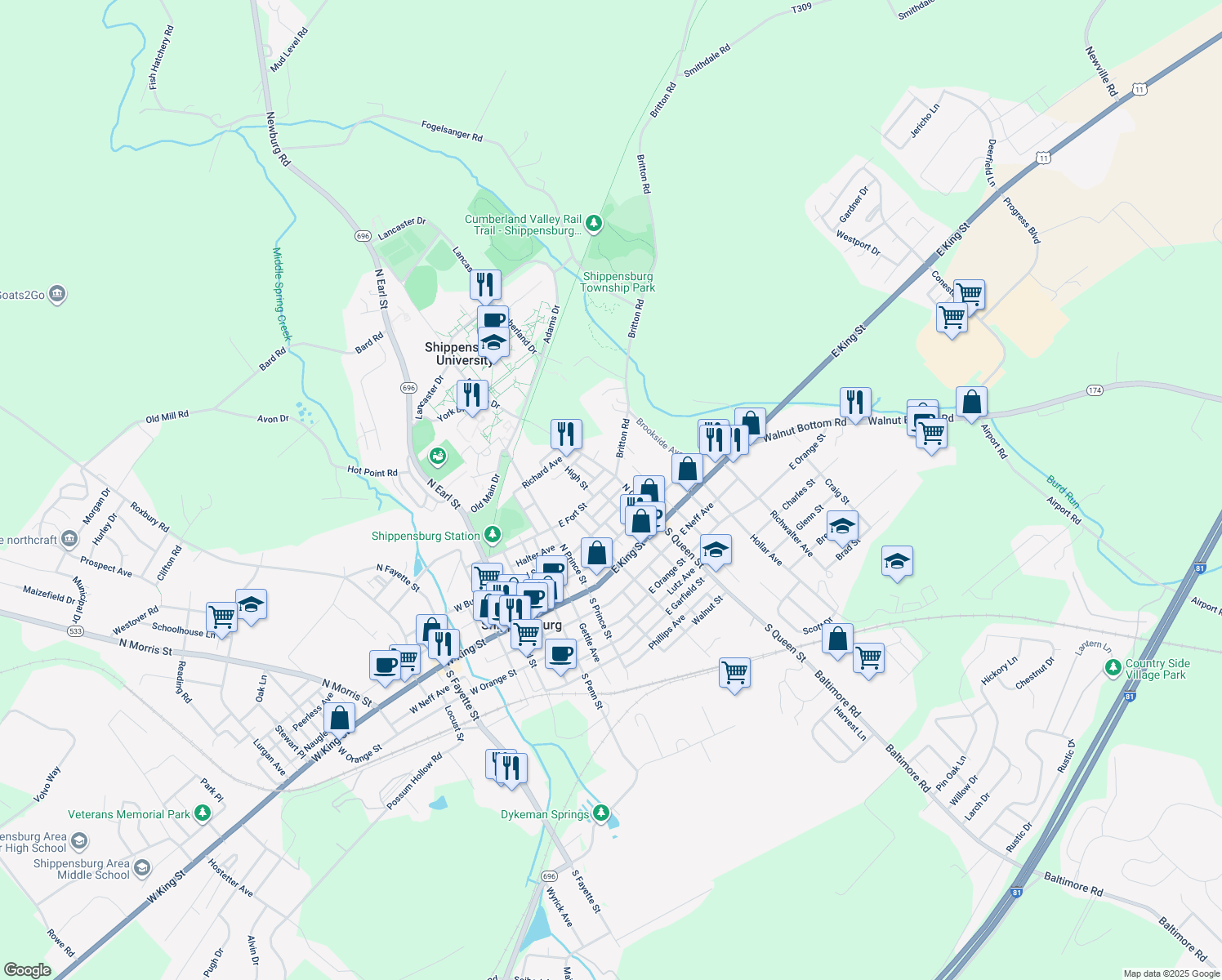 map of restaurants, bars, coffee shops, grocery stores, and more near 342 Fort St in Shippensburg