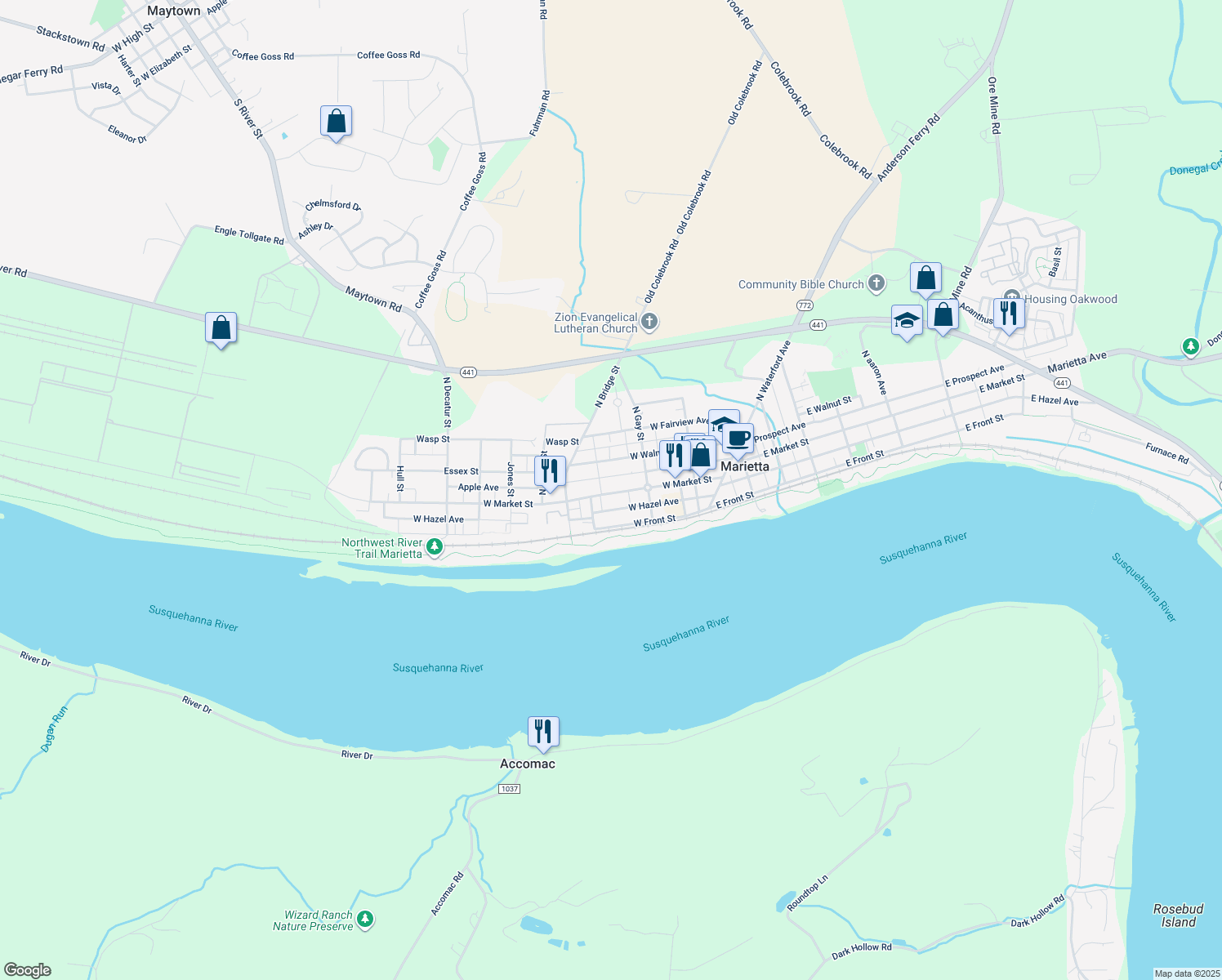 map of restaurants, bars, coffee shops, grocery stores, and more near 254 West Market Street in Marietta