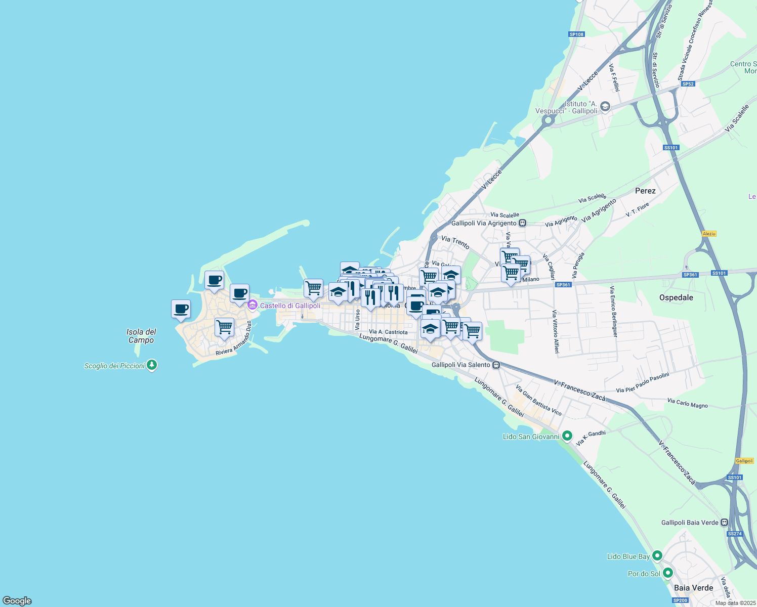 map of restaurants, bars, coffee shops, grocery stores, and more near 18 Via Gian Giacomo Russo in Gallipoli