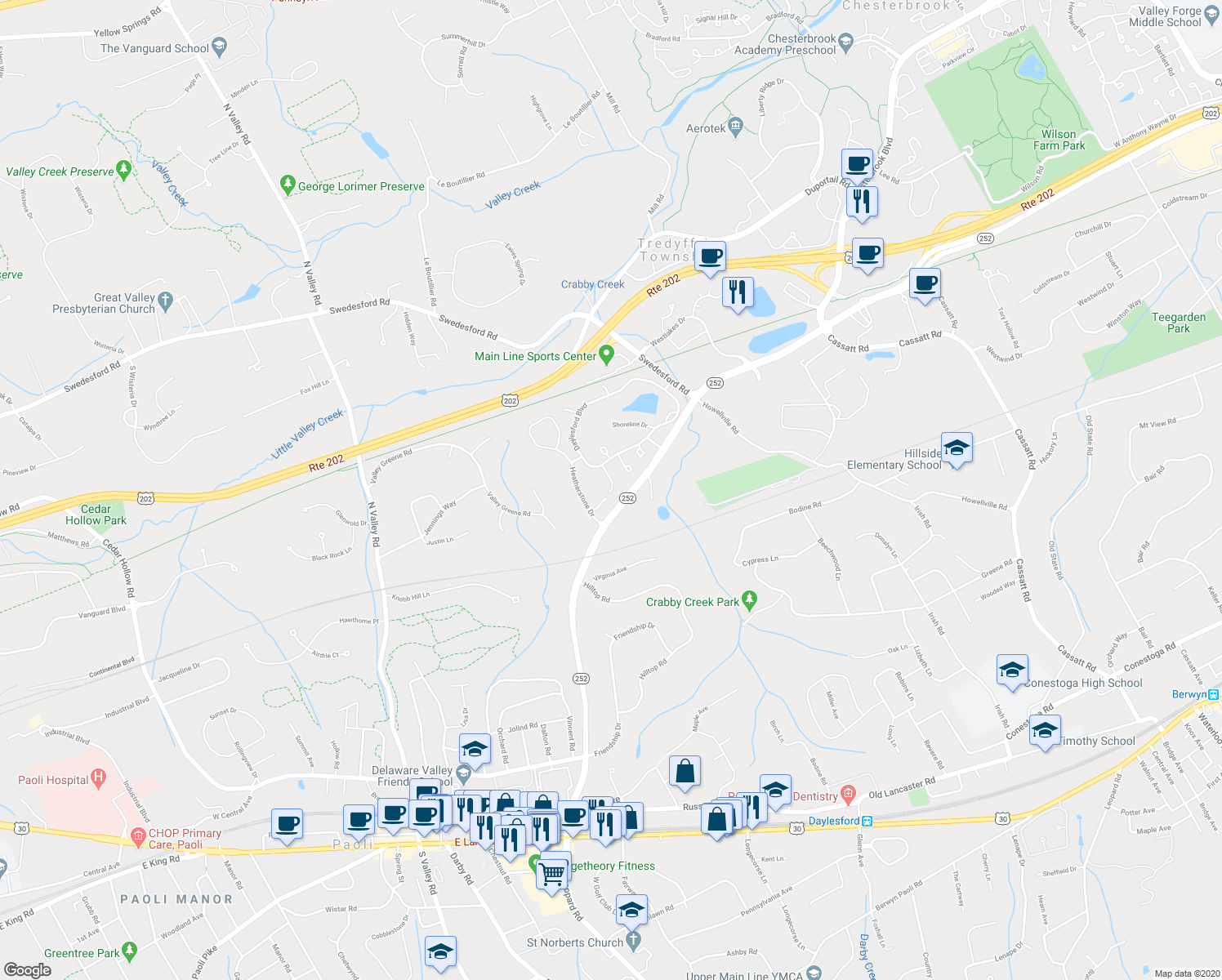 map of restaurants, bars, coffee shops, grocery stores, and more near 87 Highpoint Drive in Berwyn