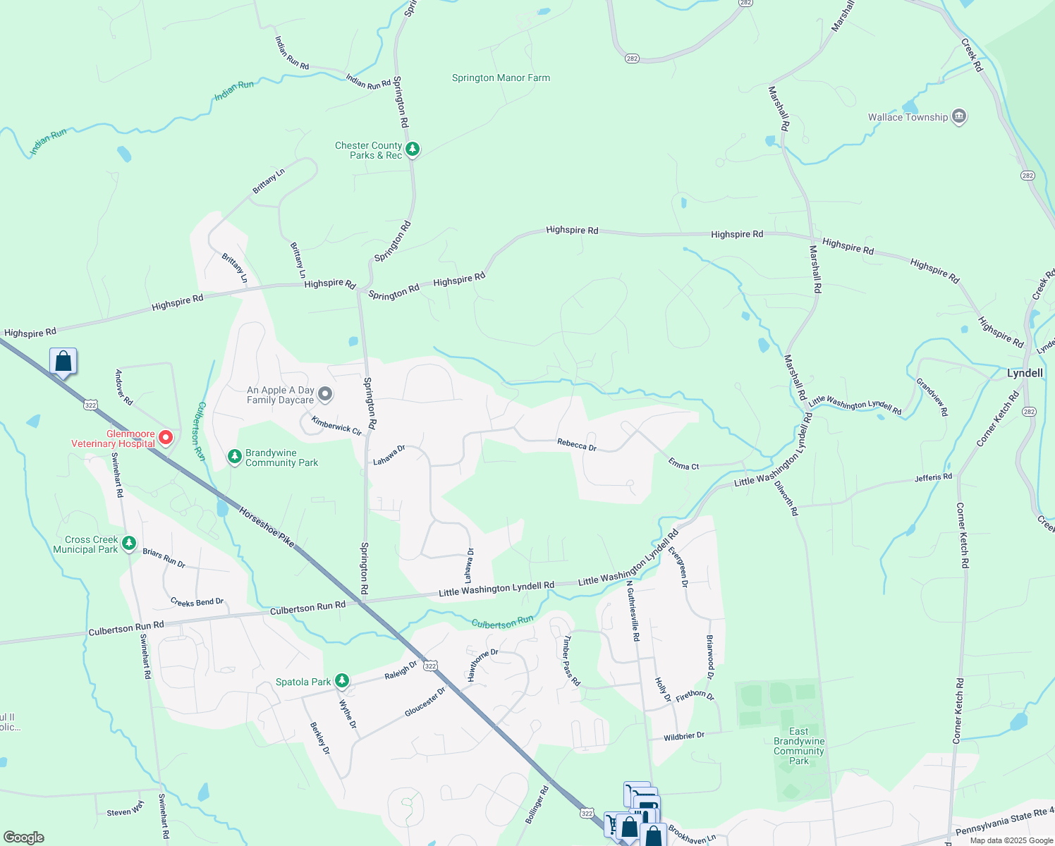 map of restaurants, bars, coffee shops, grocery stores, and more near 11 Casey Drive in Downingtown