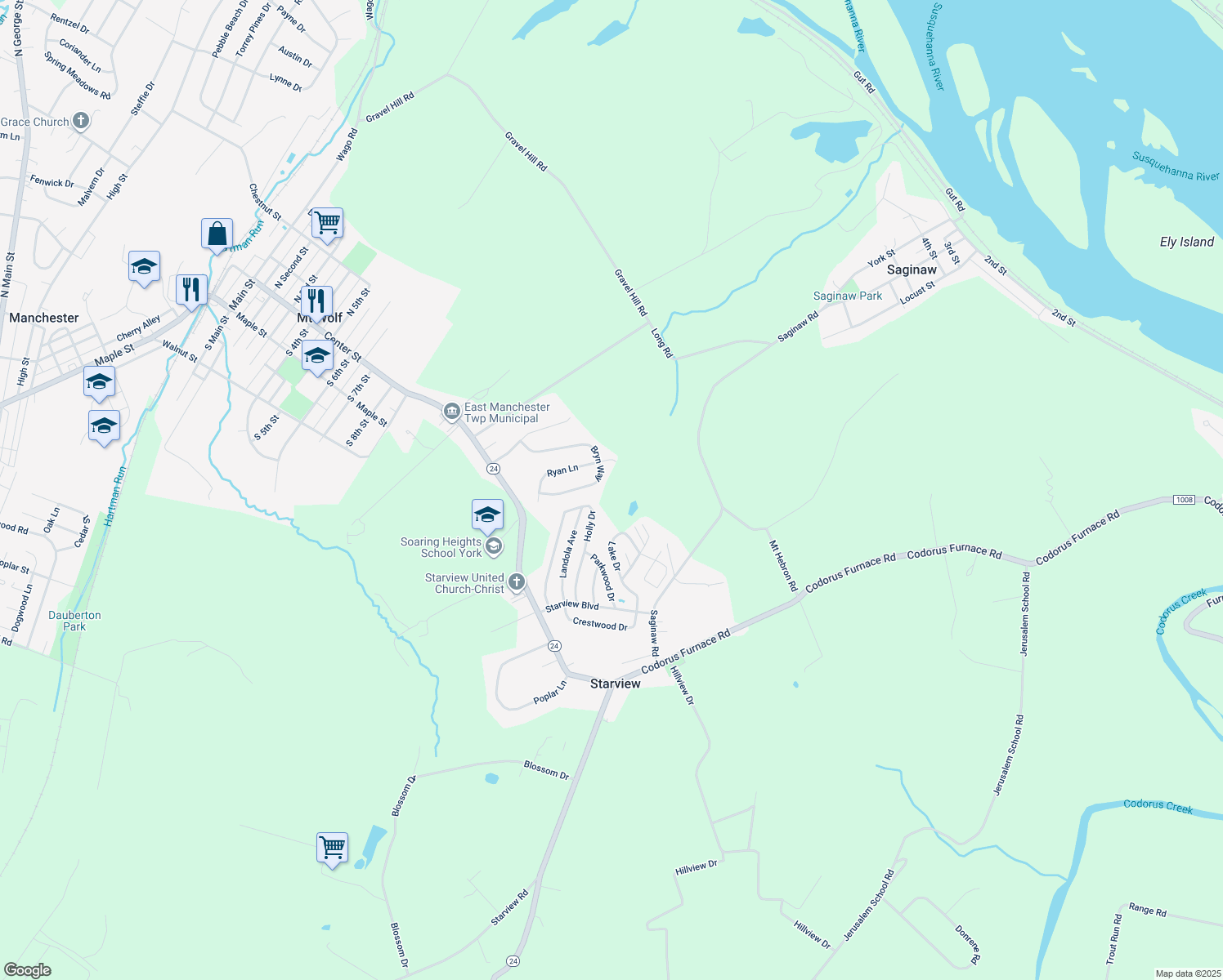 map of restaurants, bars, coffee shops, grocery stores, and more near 328 Landola Avenue in Mount Wolf