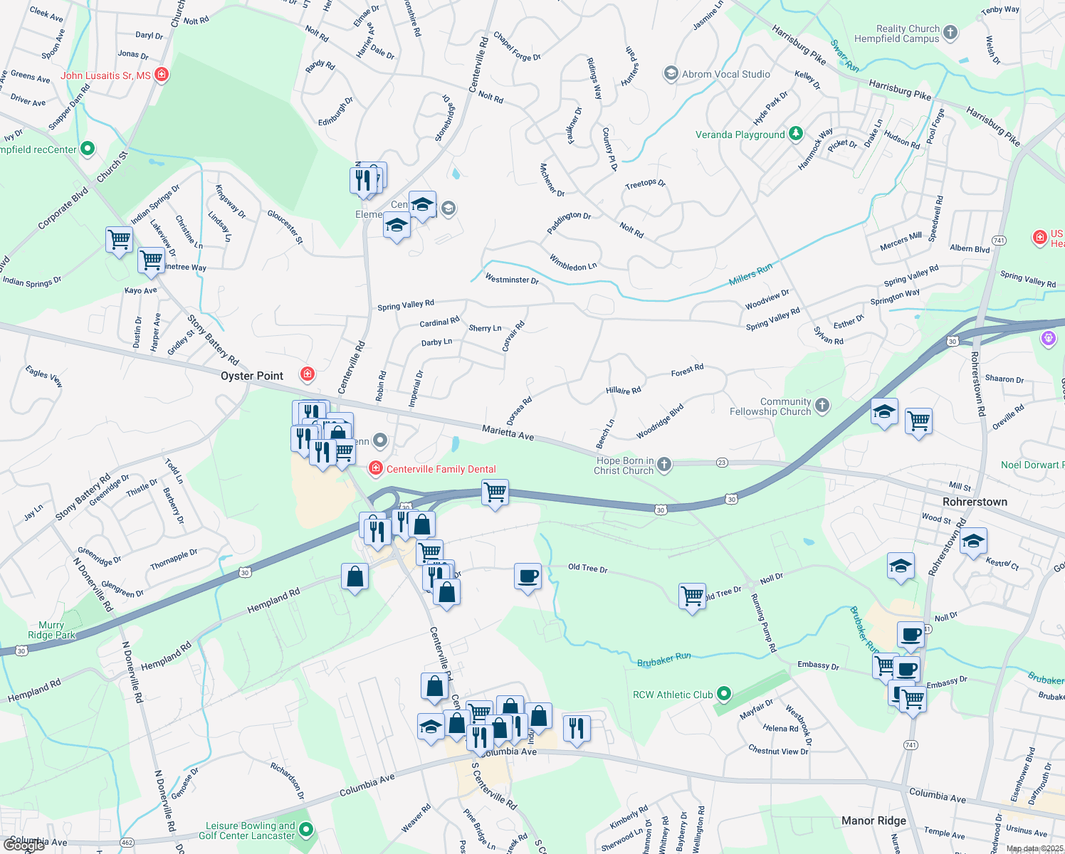 map of restaurants, bars, coffee shops, grocery stores, and more near 2739 Marietta Avenue in Lancaster