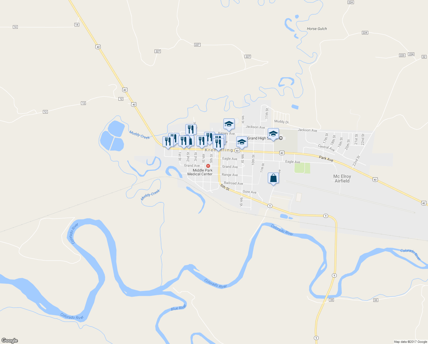 map of restaurants, bars, coffee shops, grocery stores, and more near 503 Range Ave in Kremmling